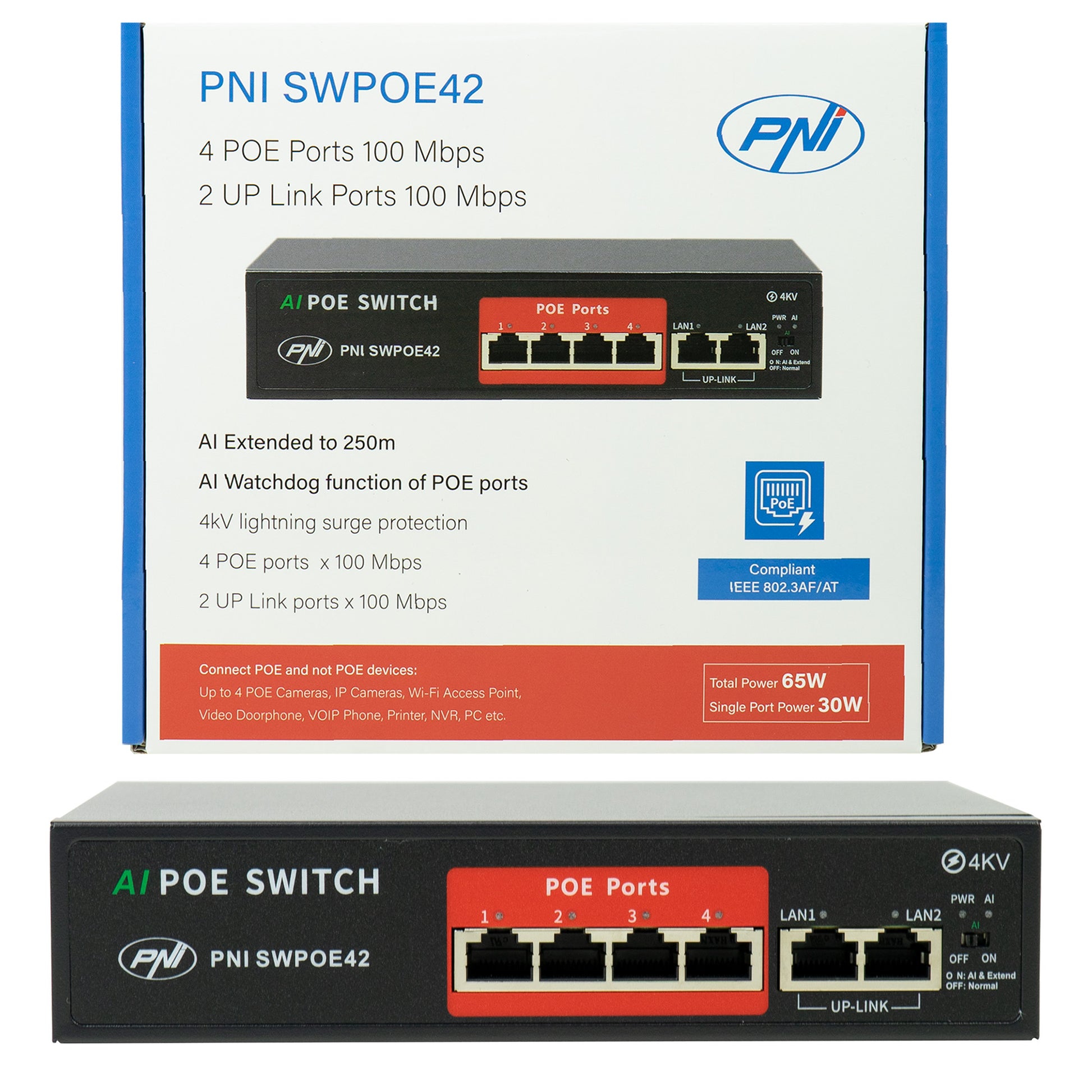 Switch POE PNI SWPOE42 4 porturi POE 100 Mbps si 2 porturi UP Link 100 Mbps, 65W, functie AI Extend pana la 250m, protectie fulger 4kV