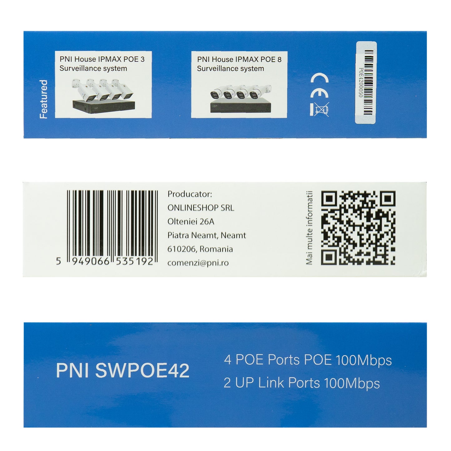 Switch POE PNI SWPOE42 4 porturi POE 100 Mbps si 2 porturi UP Link 100 Mbps, 65W, functie AI Extend pana la 250m, protectie fulger 4kV