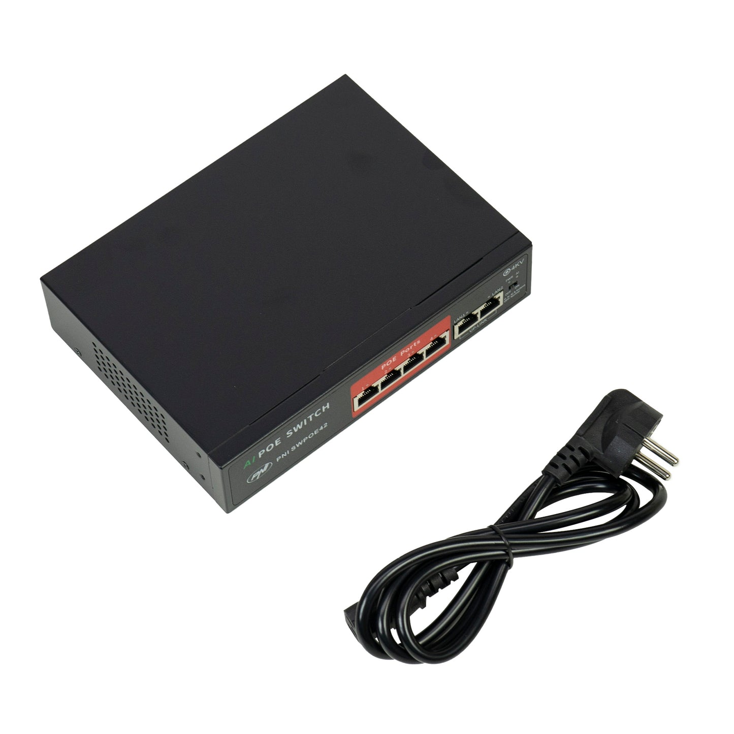 Switch POE PNI SWPOE42 4 porturi POE 100 Mbps si 2 porturi UP Link 100 Mbps, 65W, functie AI Extend pana la 250m, protectie fulger 4kV