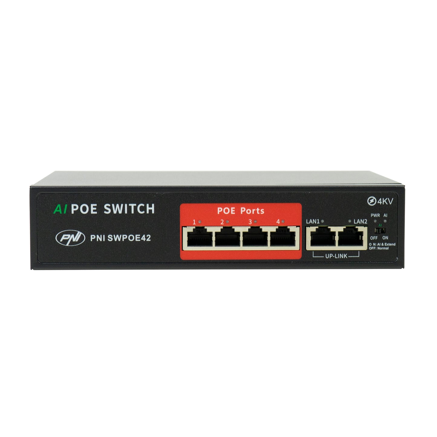 Switch POE PNI SWPOE42 4 porturi POE 100 Mbps si 2 porturi UP Link 100 Mbps, 65W, functie AI Extend pana la 250m, protectie fulger 4kV