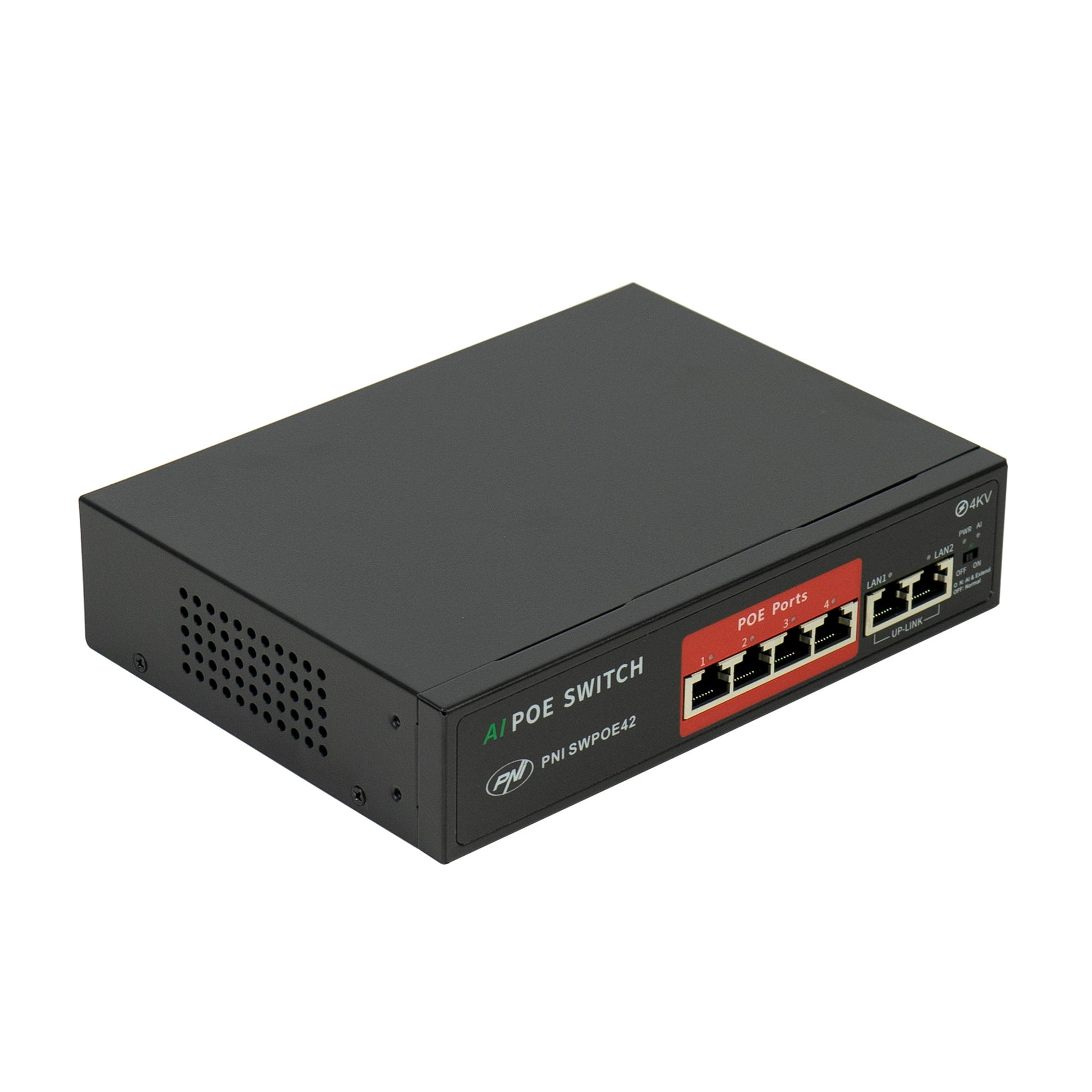 Switch POE PNI SWPOE42 4 porturi POE 100 Mbps si 2 porturi UP Link 100 Mbps, 65W, functie AI Extend pana la 250m, protectie fulger 4kV