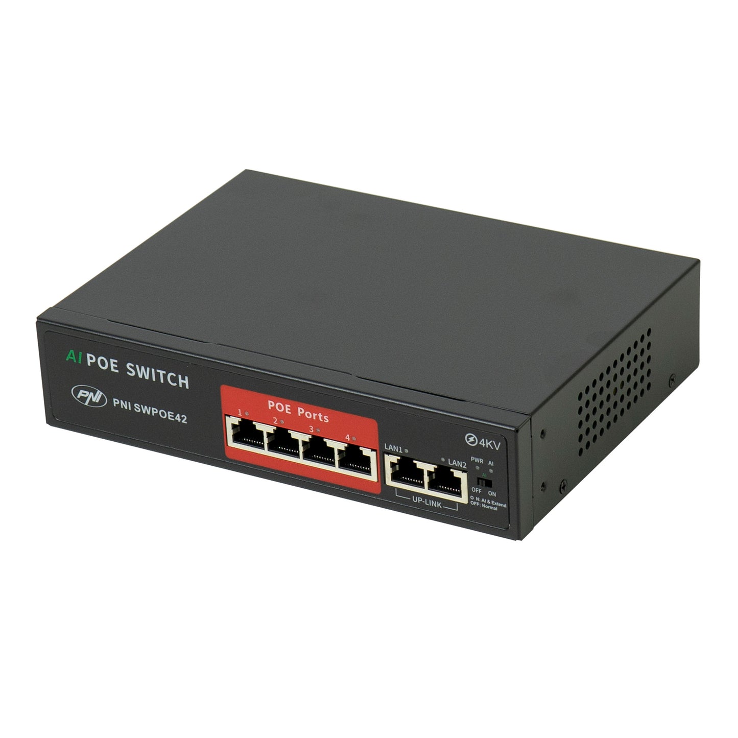Switch POE PNI SWPOE42 4 porturi POE 100 Mbps si 2 porturi UP Link 100 Mbps, 65W, functie AI Extend pana la 250m, protectie fulger 4kV