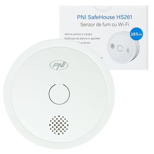 Senzor de fum PNI SafeHouse HS261 cu Wi-Fi, control din aplicatia Tuya Smart, alimentare baterie 3V, 85dB, alarma sonora si vizuala, alarma silentioasa
