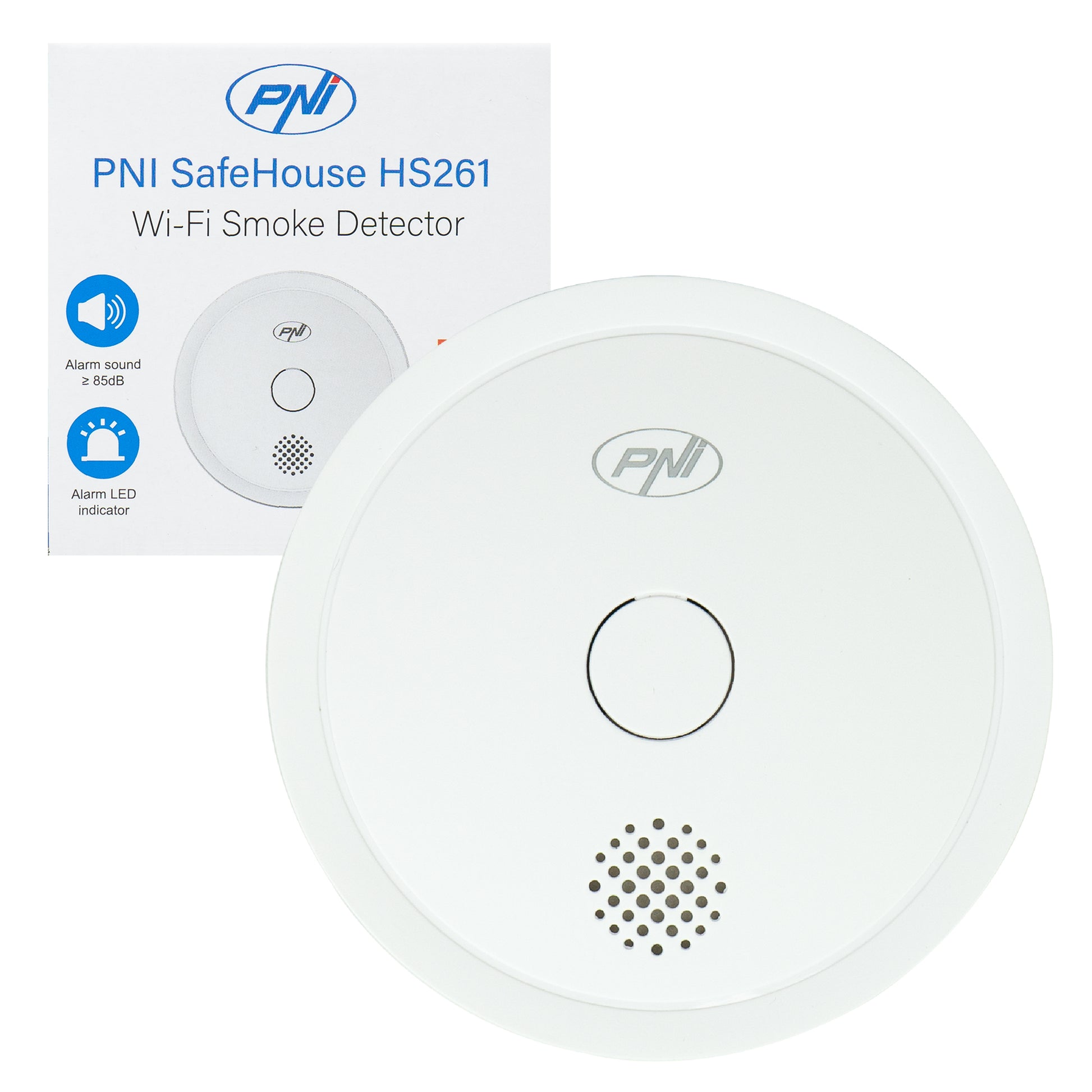 Senzor de fum PNI SafeHouse HS261 cu Wi-Fi, control din aplicatia Tuya Smart, alimentare baterie 3V, 85dB, alarma sonora si vizuala, alarma silentioasa