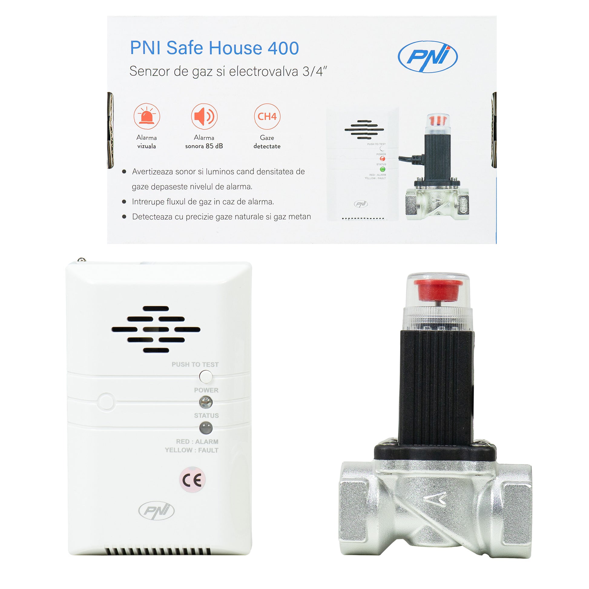 Kit PNI Safe House 400 senzor de gaz si electrovalva 3/4 inch, alarma sonora si luminoasa, 85dB, detecteaza gaze naturale, gaz metan (CH4)