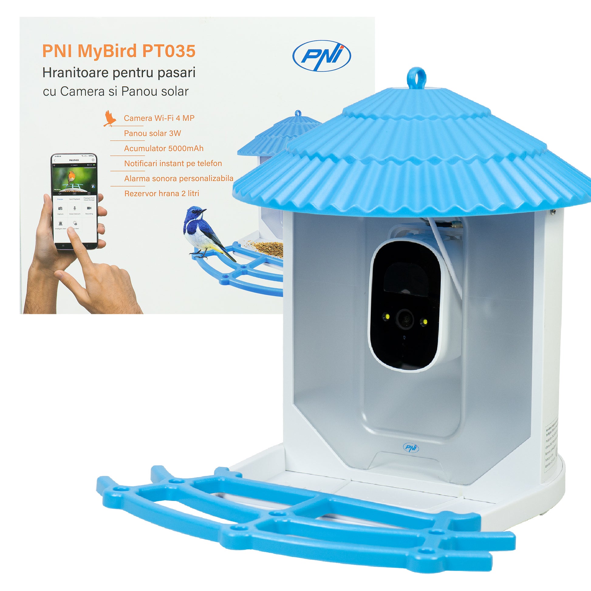 Hranitoare inteligenta pentru pasari PNI MyBird PT035 cu camera Wi-Fi 4MP si panou solar 3W, rezervor hrana 2l, aplicatie dedicata, detectie miscare, notificari instant, slot card micro SD, audio bidirectional, vizibilitate noctura