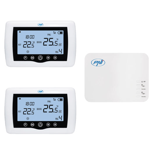 Termostat inteligent PNI CT410 PRO histeresis ± 0.1°C fara fir, cu WiFi, control 2 zone prin Internet, pentru centrale termice, pompe, electrovalve, APP TuyaSmart