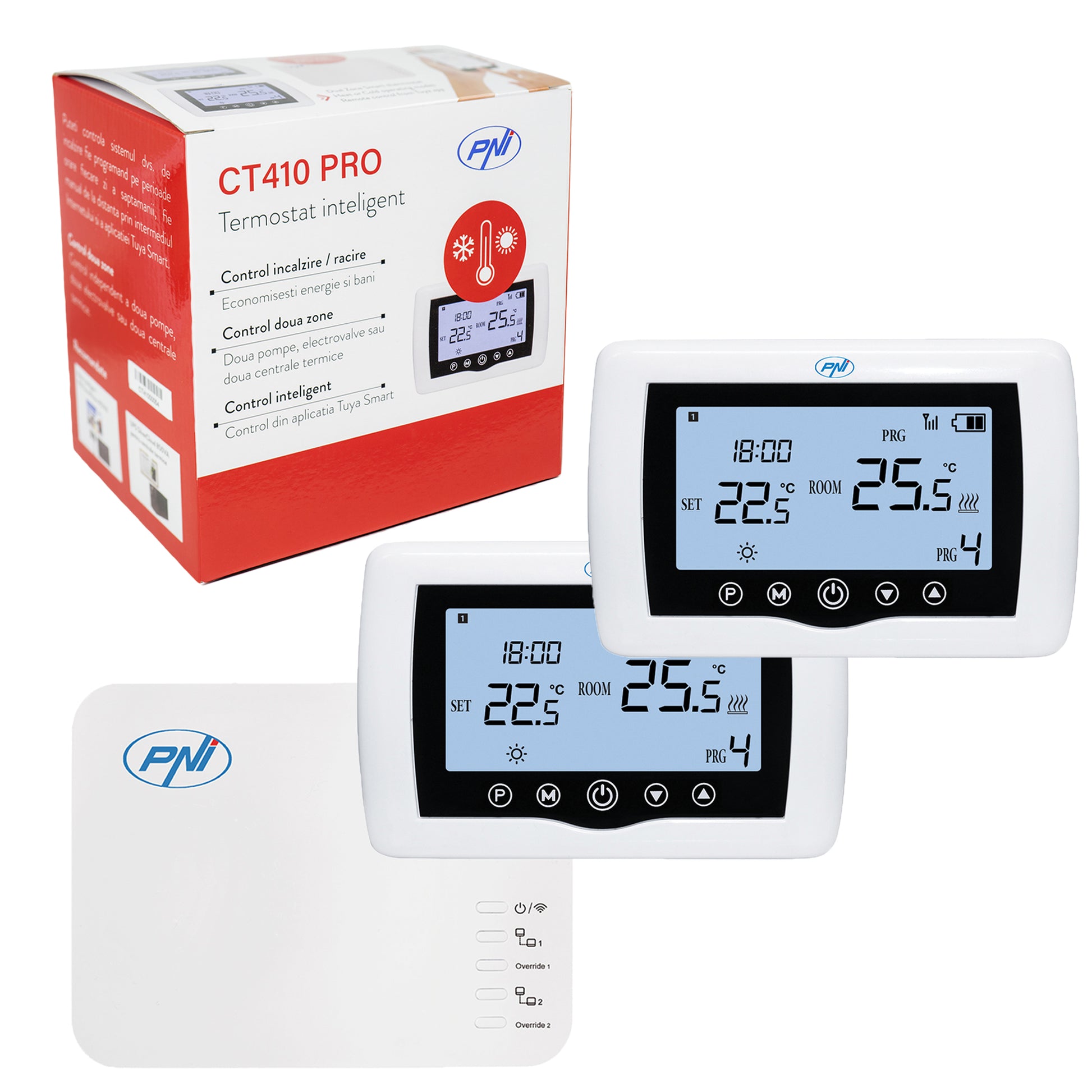 Termostat inteligent PNI CT410 PRO histeresis ± 0.1°C fara fir, cu WiFi, control 2 zone prin Internet, pentru centrale termice, pompe, electrovalve, APP TuyaSmart