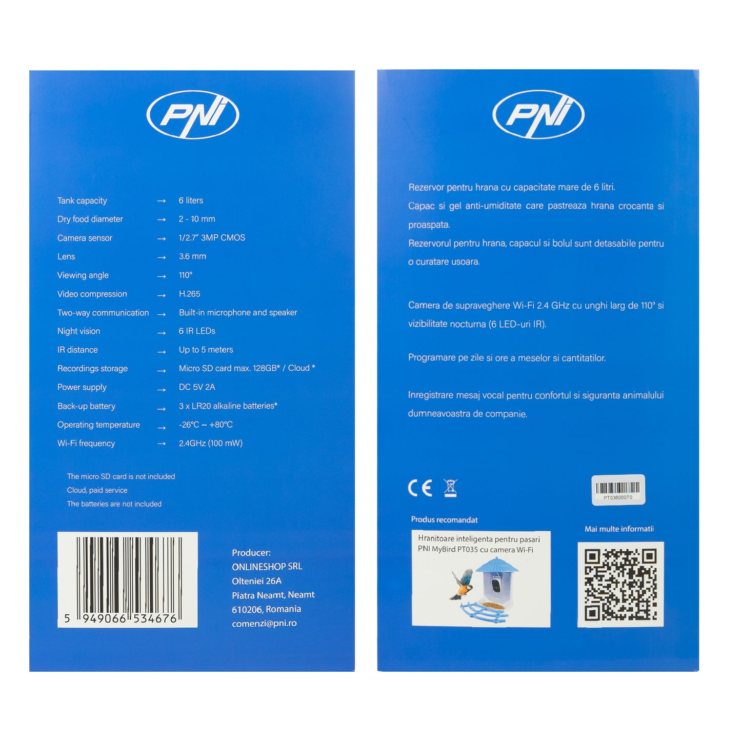 Hranitoare inteligenta pentru caini si pisici PNI MyPet PT036 cu camera 3MP incorporata, capacitate rezervor hrana 6 litri, control din Tuya Smart, functie inregistrare vocala, programare mese, vizibilitate nocturna