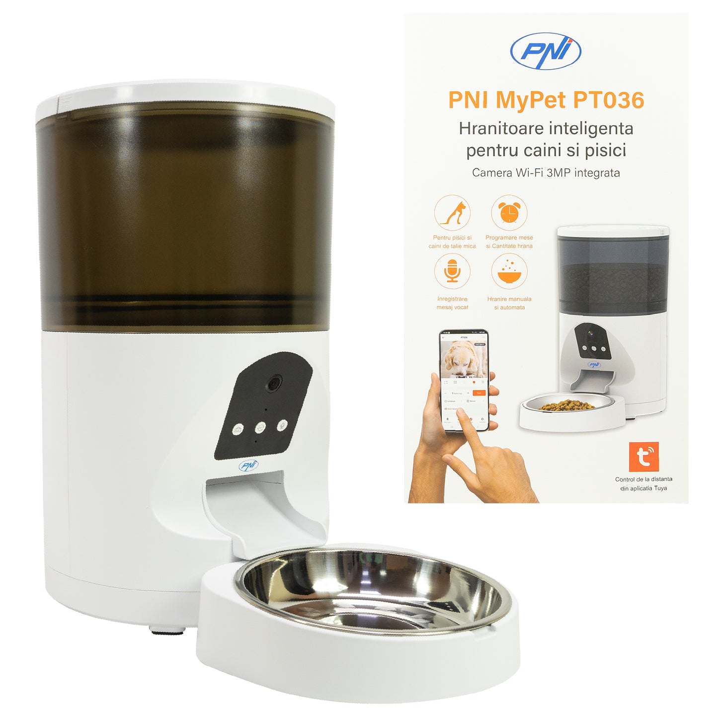 Hranitoare inteligenta pentru caini si pisici PNI MyPet PT036 cu camera 3MP incorporata, capacitate rezervor hrana 6 litri, control din Tuya Smart, functie inregistrare vocala, programare mese, vizibilitate nocturna