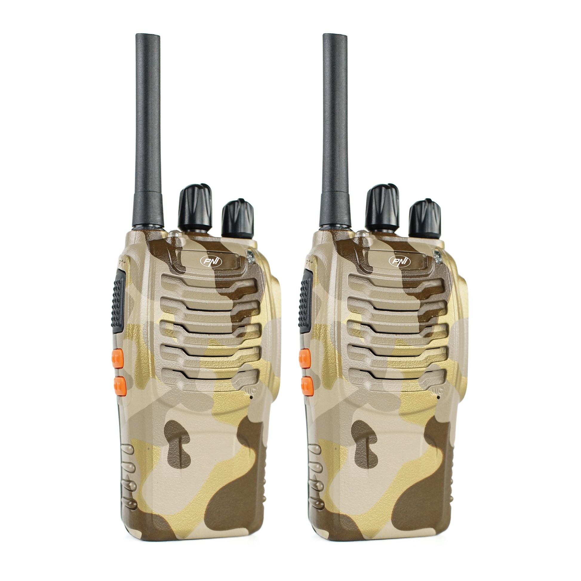 Statie radio portabila PNI PMR R40 Camo, set cu 2 buc, 0.5W, 16 canale programabile, 16 PMR si tonuri 50 CTCSS si 104 DCS, ASQ, TOT, monitor, programabila, acumulatori 1200mAh, incarcatoare si casti incluse