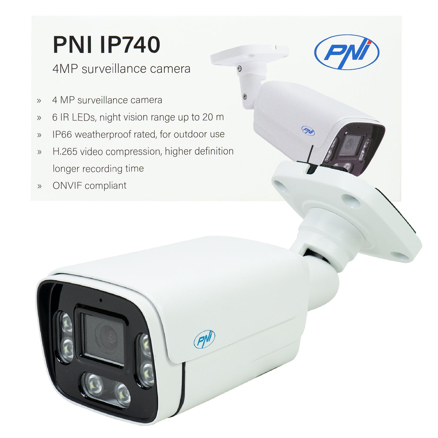 Camera supraveghere video PNI IP740 4MP, 6 LED-uri IR, IP66, alb atât cu NVR, cât și stand alone rezoluție 4MP 2560 x 1440 px prin APP HiAi sau compatibila cu NVR PNI IP816