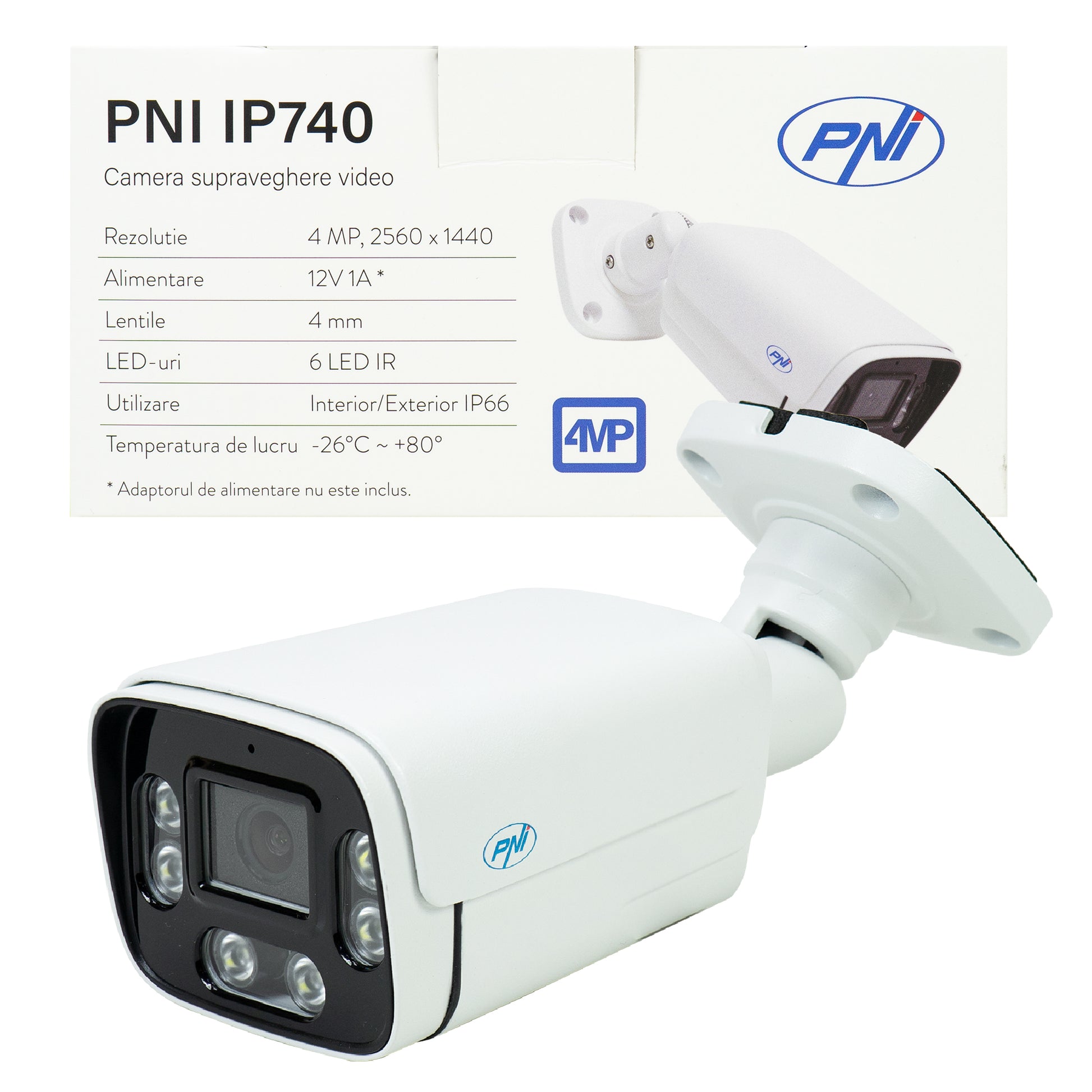 Camera supraveghere video PNI IP740 4MP, 6 LED-uri IR, IP66, alb atât cu NVR, cât și stand alone rezoluție 4MP 2560 x 1440 px prin APP HiAi sau compatibila cu NVR PNI IP816