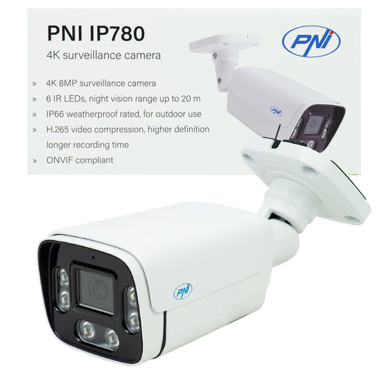 Camera supraveghere video PNI IP780, 8MP, 4K, IP, 6 LED-uri IR, IP66, alb