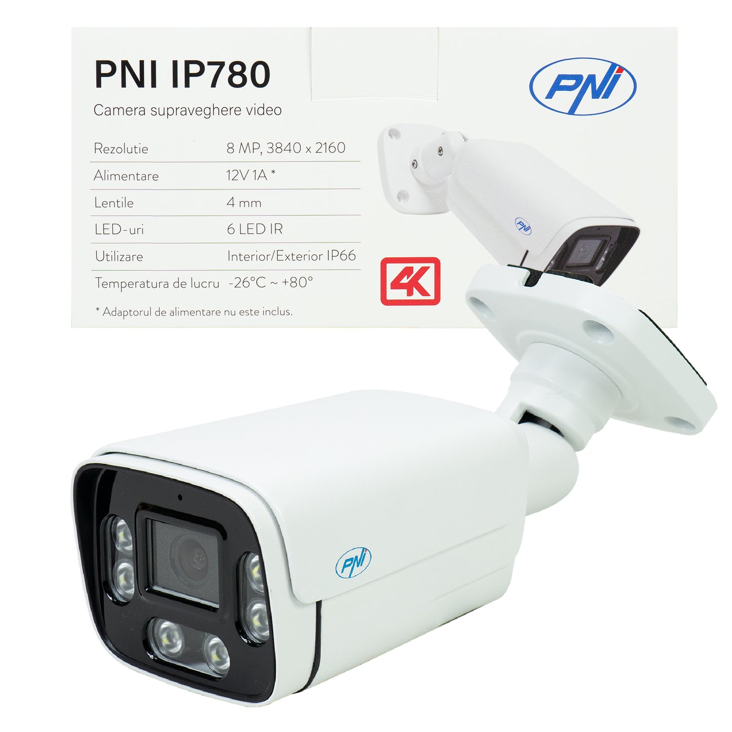 Camera supraveghere video PNI IP780, 8MP, 4K, IP, 6 LED-uri IR, IP66, alb