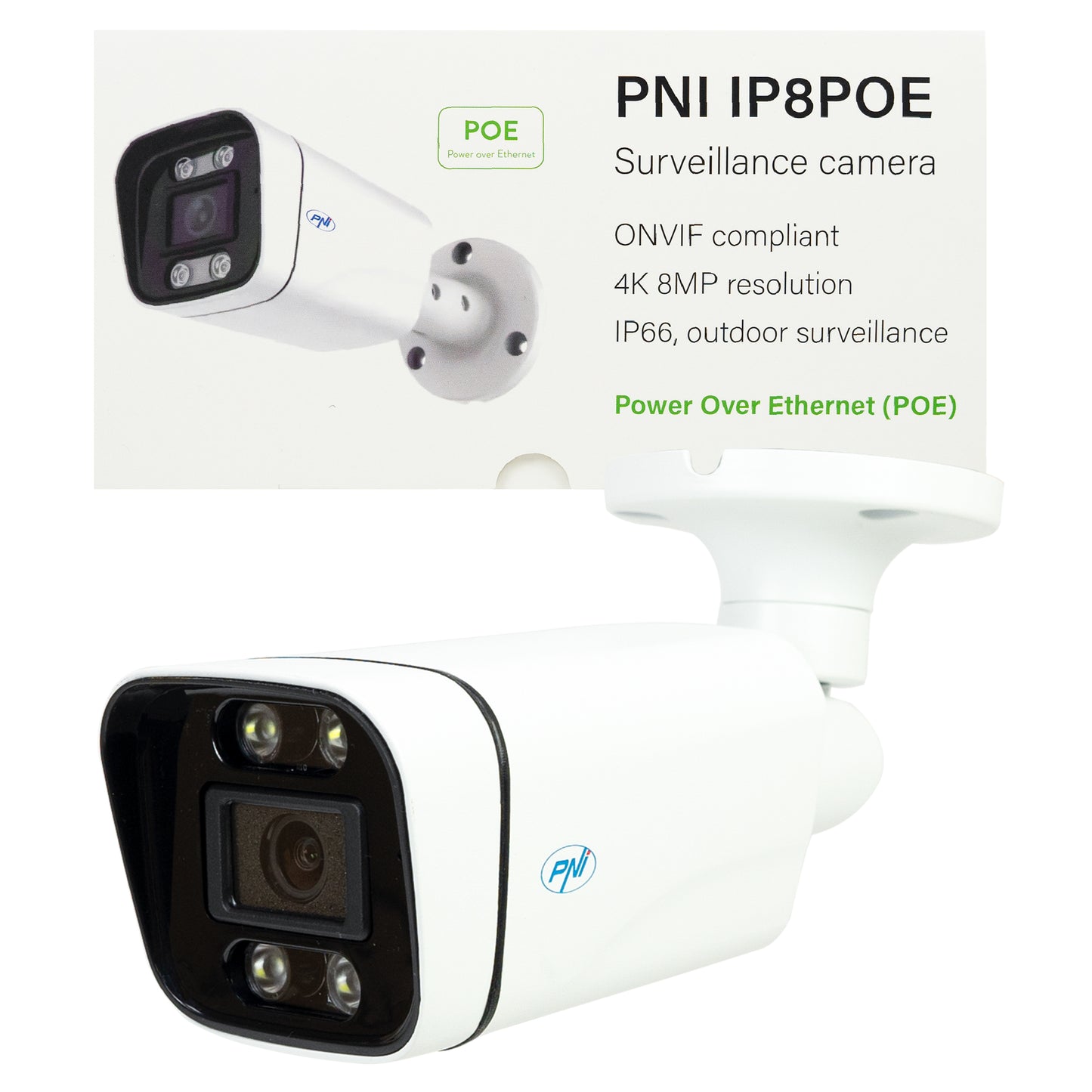 Camera supraveghere video PNI IP8POE 8MP, 4K, D-WDR, 4.0mm, 6 LED-uri, IP66, microfon si difuzor integrate, alb
