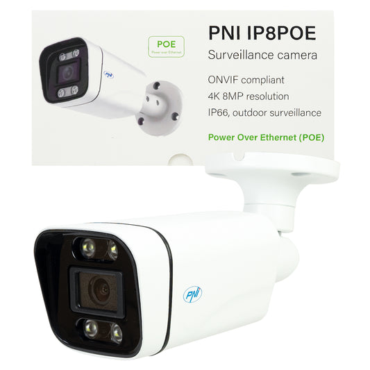 Camera supraveghere video PNI IP8POE 8MP, 4K, D-WDR, 4.0mm, 6 LED-uri, IP66, microfon si difuzor integrate, alb