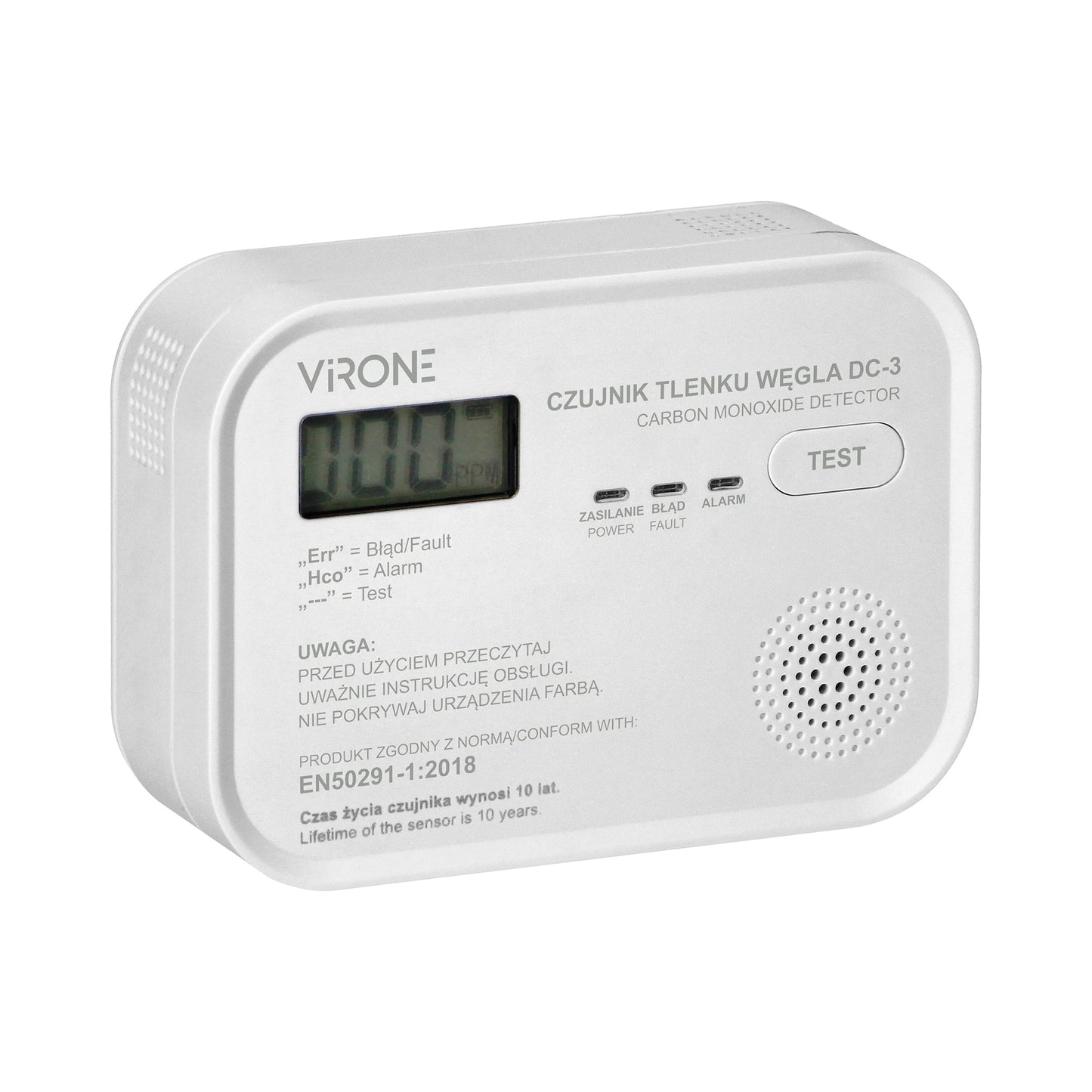 Detector monoxid de carbon VIRONE DC-3, 3 x AA, LCD, buton TEST, alarma sonora si vizuala, alb