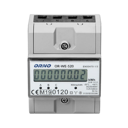 Contor trifazic ORNO OR-WE-520, 80A, certificare MID, 3 faze, 230V, clasa de masurare B, frecventa de impuls 800 imp/kWh, IP51, gri
