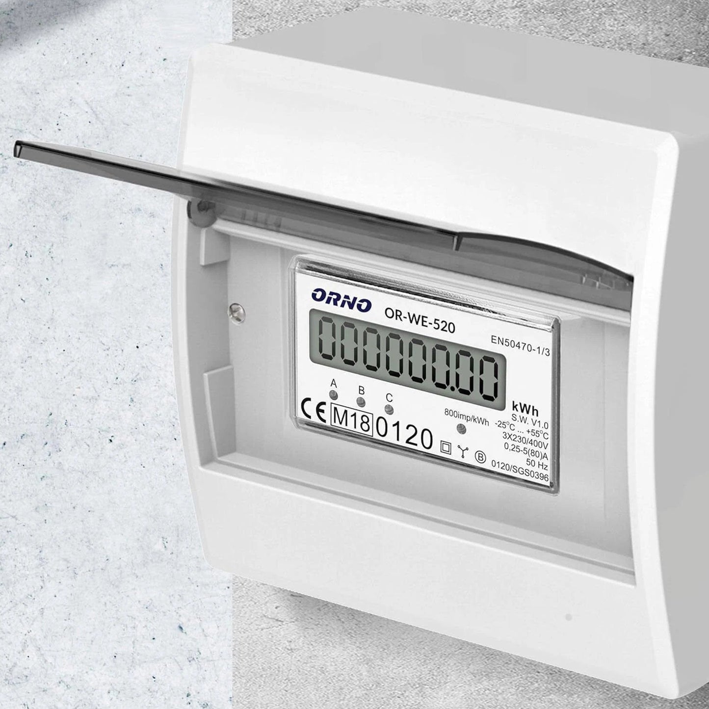 Contor trifazic ORNO OR-WE-520, 80A, certificare MID, 3 faze, 230V, clasa de masurare B, frecventa de impuls 800 imp/kWh, IP51, gri