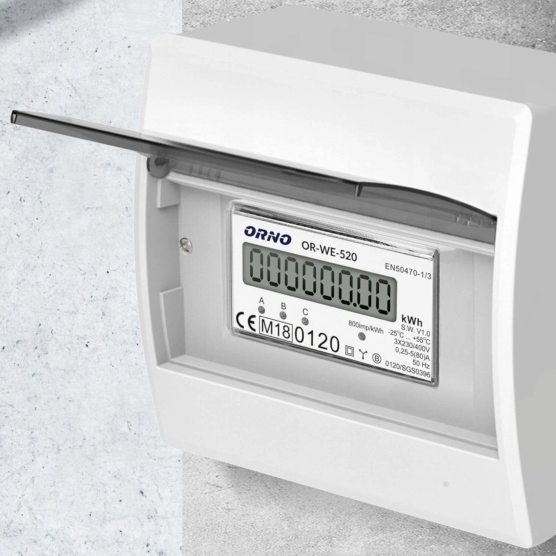 Contor trifazic ORNO OR-WE-520, 80A, certificare MID, 3 faze, 230V, clasa de masurare B, frecventa de impuls 800 imp/kWh, IP51, gri