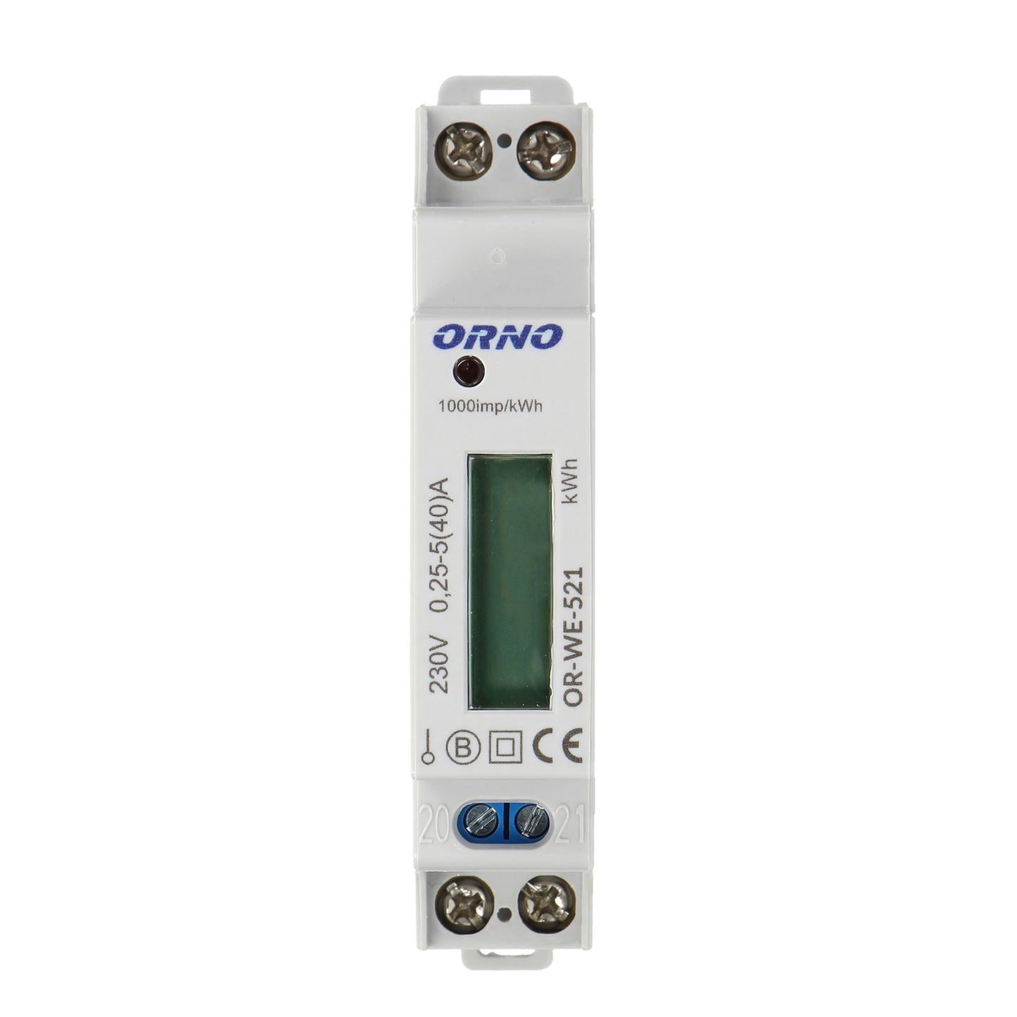 Contor monofazic ORNO OR-WE-521, 40A, certificare MID, 230V, clasa de masurare B, frecventa de impuls 1000 imp/kWh, IP51, alb