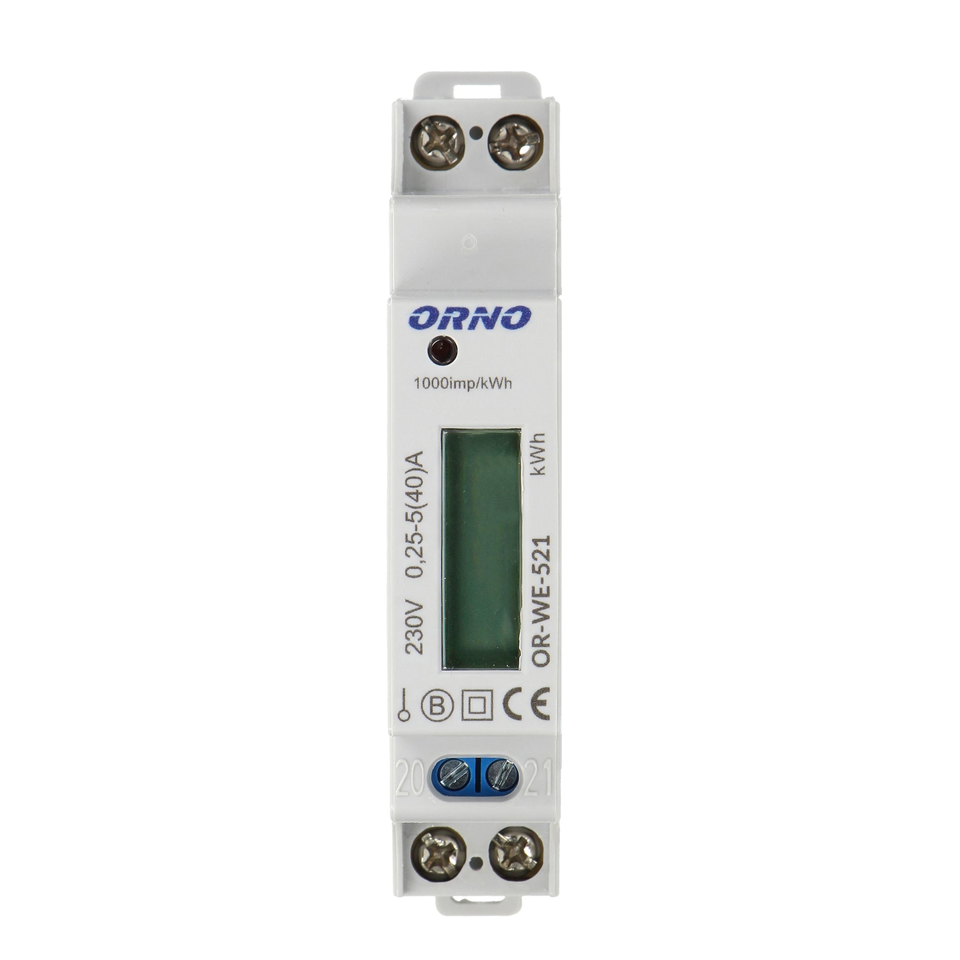 Contor monofazic ORNO OR-WE-521, 40A, certificare MID, 230V, clasa de masurare B, frecventa de impuls 1000 imp/kWh, IP51, alb