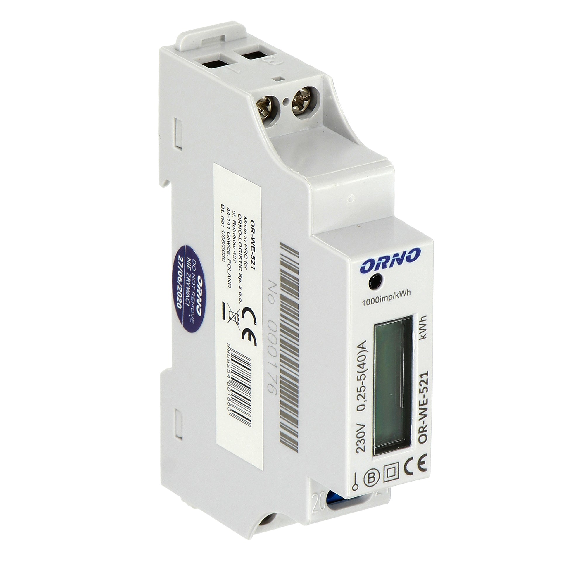 Contor monofazic ORNO OR-WE-521, 40A, certificare MID, 230V, clasa de masurare B, frecventa de impuls 1000 imp/kWh, IP51, alb