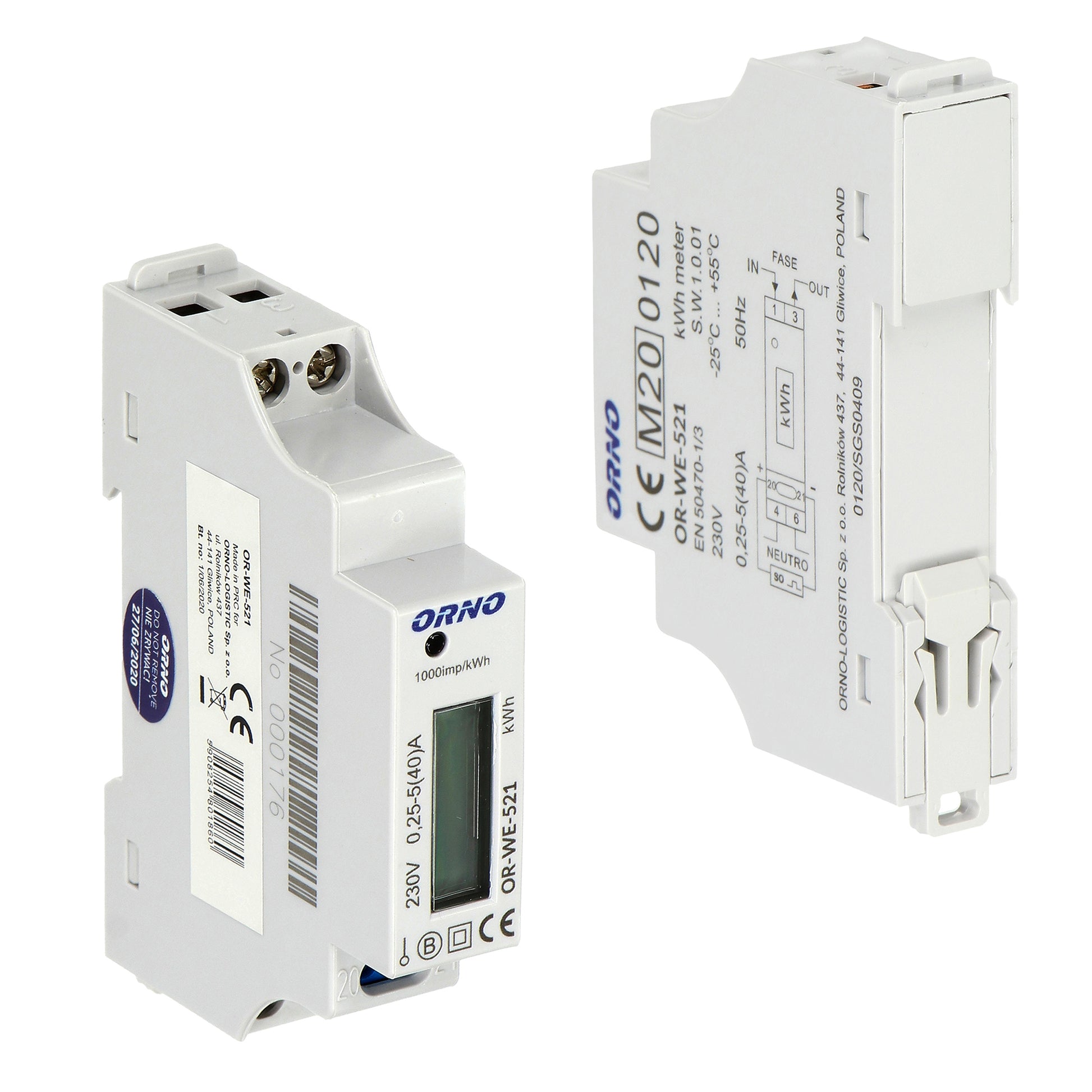 Contor monofazic ORNO OR-WE-521, 40A, certificare MID, 230V, clasa de masurare B, frecventa de impuls 1000 imp/kWh, IP51, alb