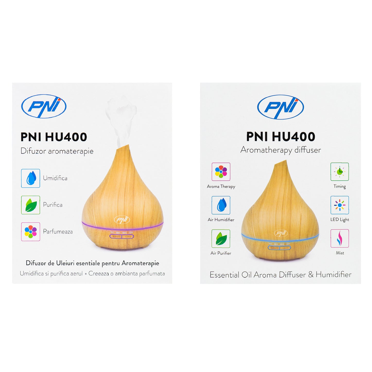 Difuzor aromaterapie PNI HU400 pentru uleiuri esentiale, cu ultrasunete, 400 ml, timer, 7 culori LED, inchidere automata, lighting wooden