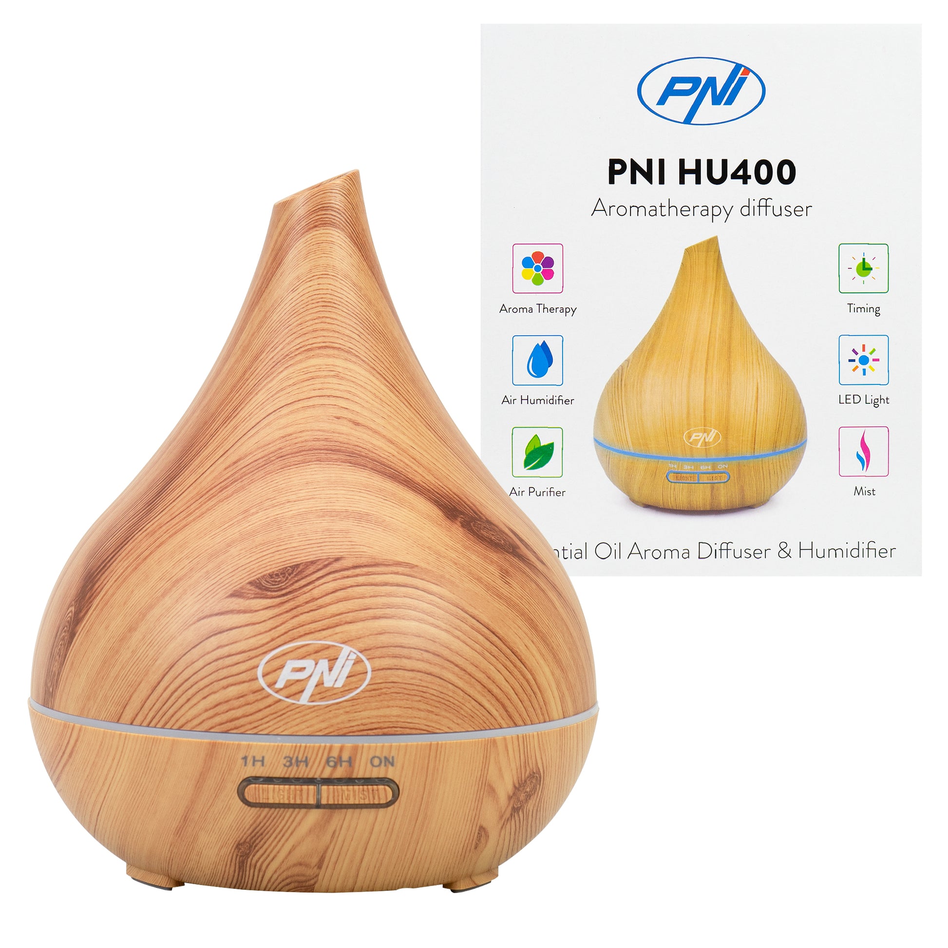 Difuzor aromaterapie PNI HU400 pentru uleiuri esentiale, cu ultrasunete, 400 ml, timer, 7 culori LED, inchidere automata, lighting wooden