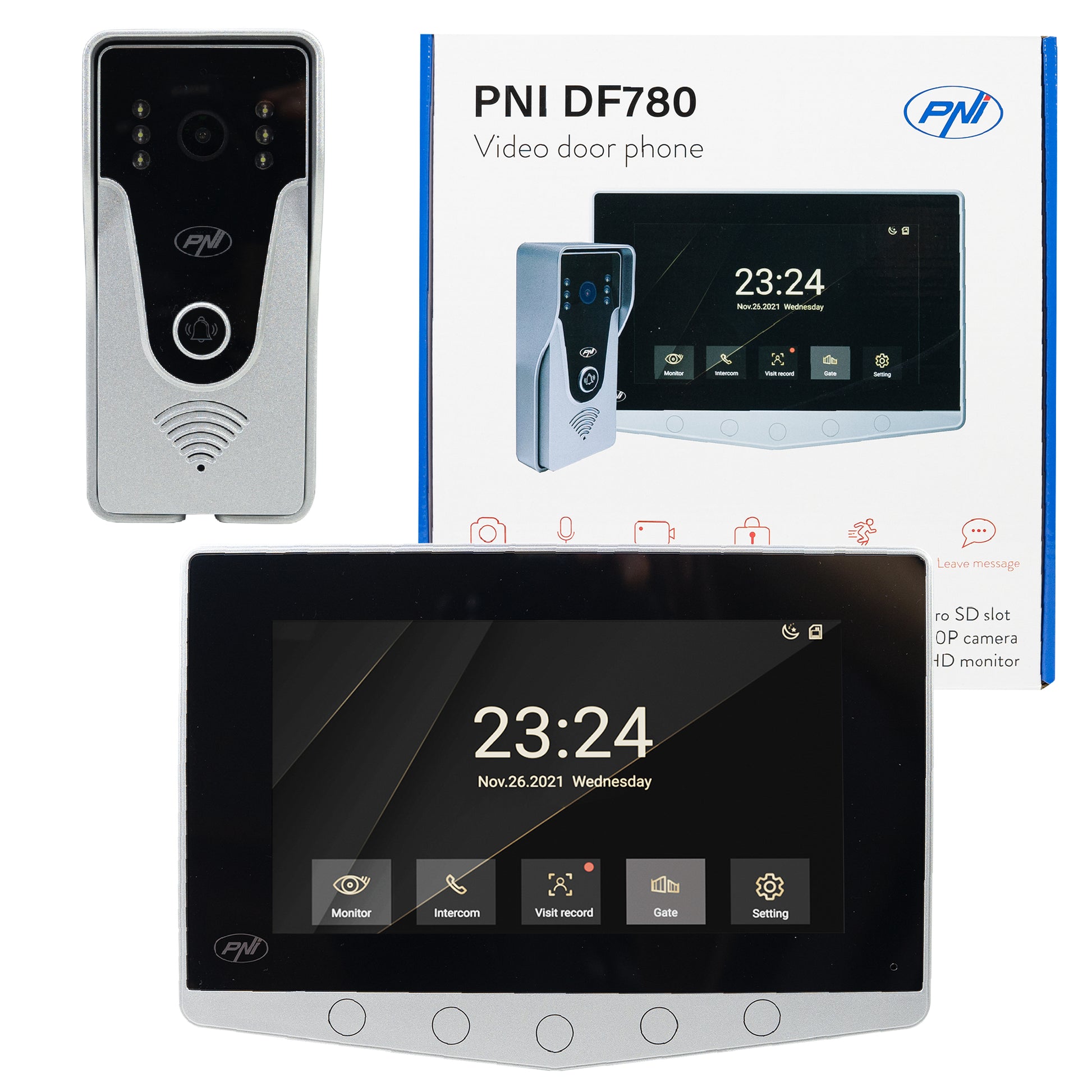 Interfon video PNI DF780 cu 1 monitor, ecran 7 inch 1080p, slot card, IP65, comanda 2 porti, inregistrare miscare eveniment, maxim 4 monitoare, 2 unitati externe si 2 camere CCTV
