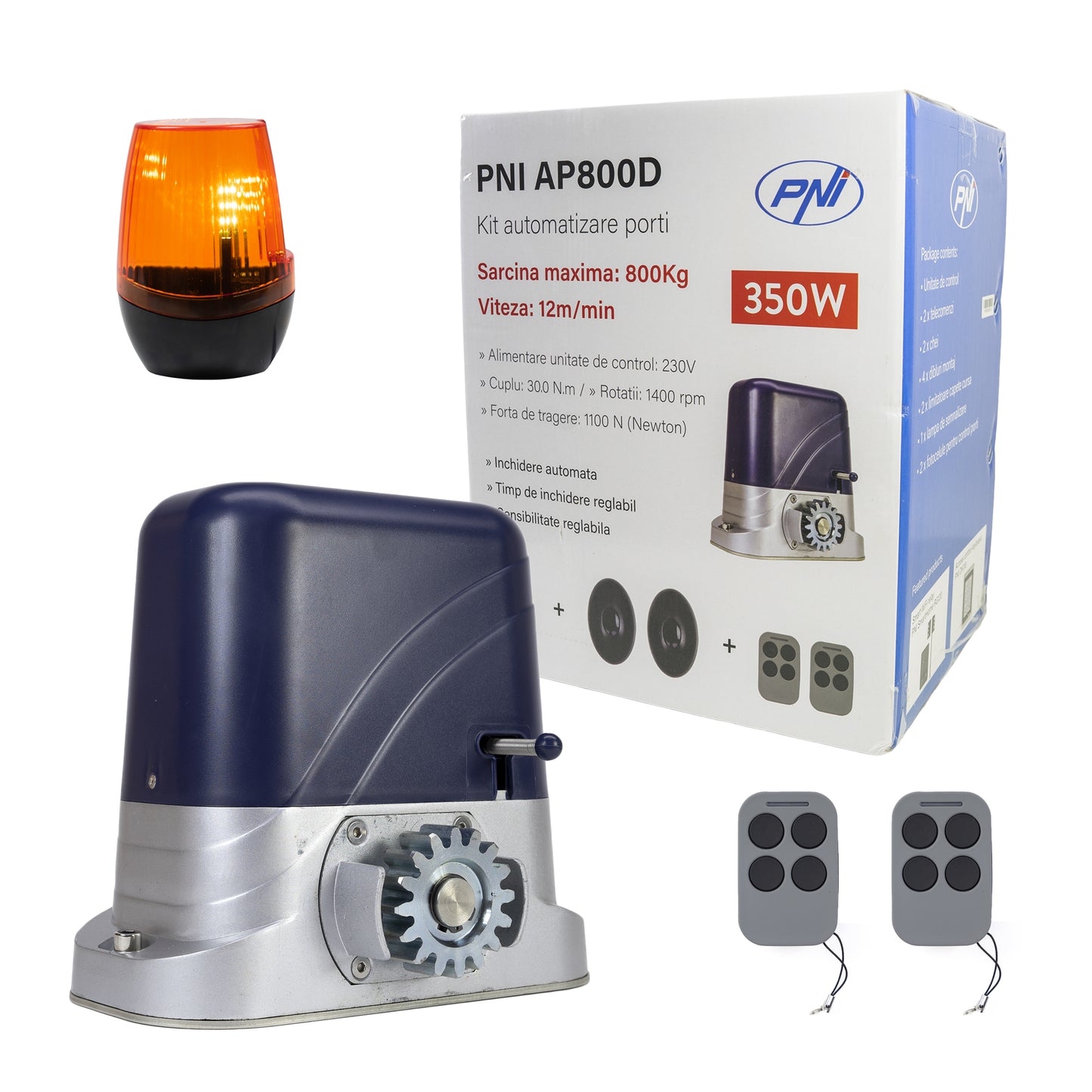 Kit automatizare porti PNI AP800D include motor, fotocelule, telecomanda, lampa, 230V dezvolta 1100 N si 800KG poarta culisanta