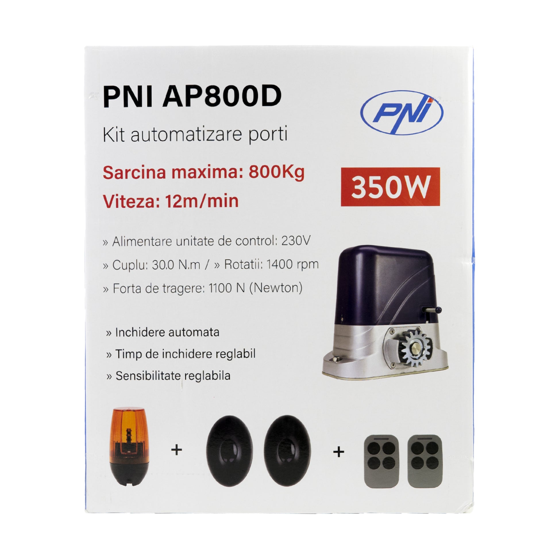 Kit automatizare porti PNI AP800D include motor, fotocelule, telecomanda, lampa, 230V dezvolta 1100 N si 800KG poarta culisanta