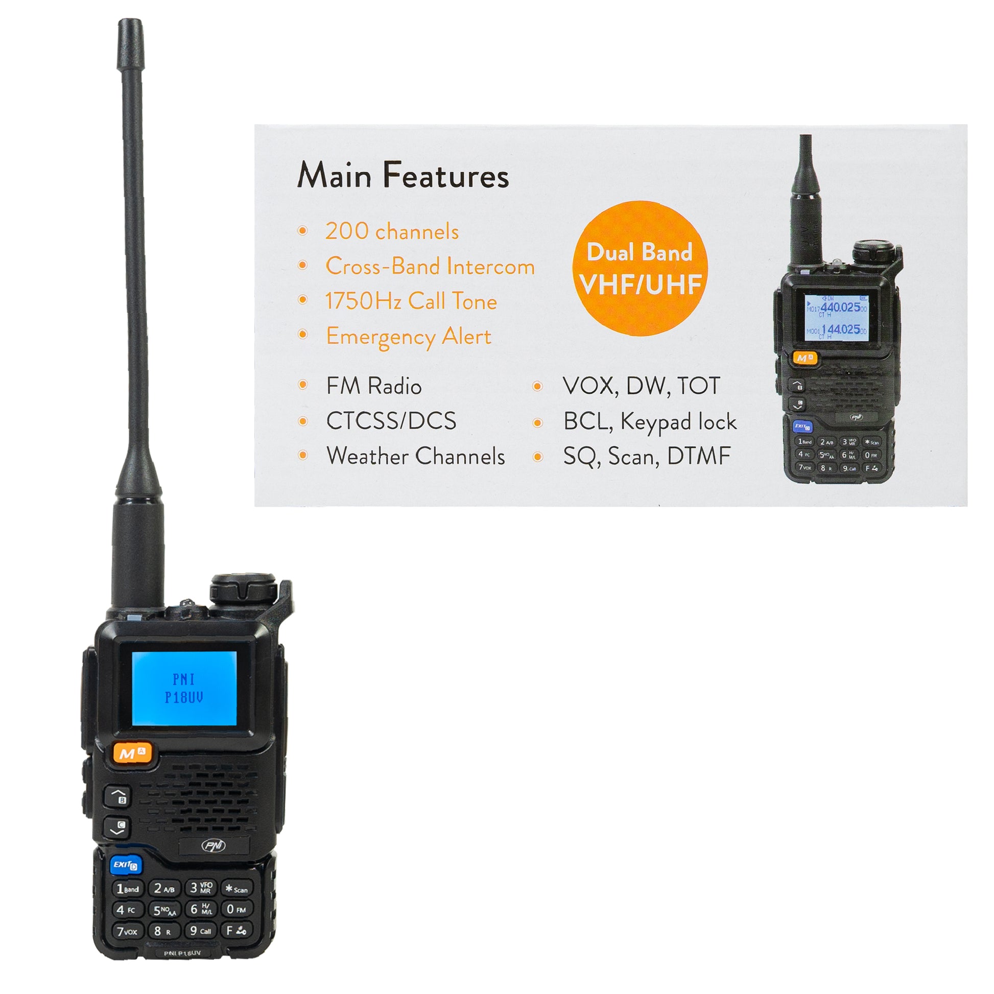 Statie radio portabila VHF/UHF PNI P18UV, dualband, 144-146MHz si 430-440MHz, 200CH, VOX, Scan, Radio FM, Li-Ion 2200 mAh