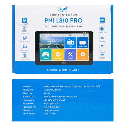 Sistem de navigatie GPS PNI L810 PRO ecran 7 inch, 800 MHz, 256MB DDR, 8GB memorie interna, FM transmitter