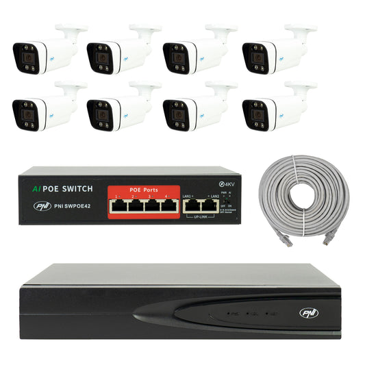 Pachet supraveghere video NVR POE PNI House IP810, 8 camere PNI IP8POE, switch POE si cabluri incluse