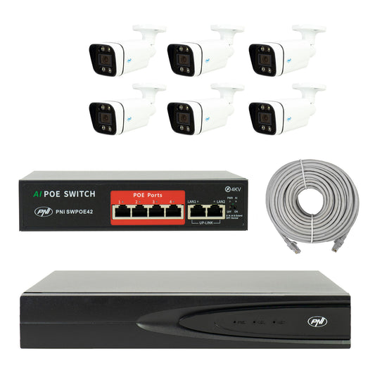 Pachet supraveghere video NVR POE PNI House IP810, 6 camere PNI IP8POE, switch POE si cabluri incluse
