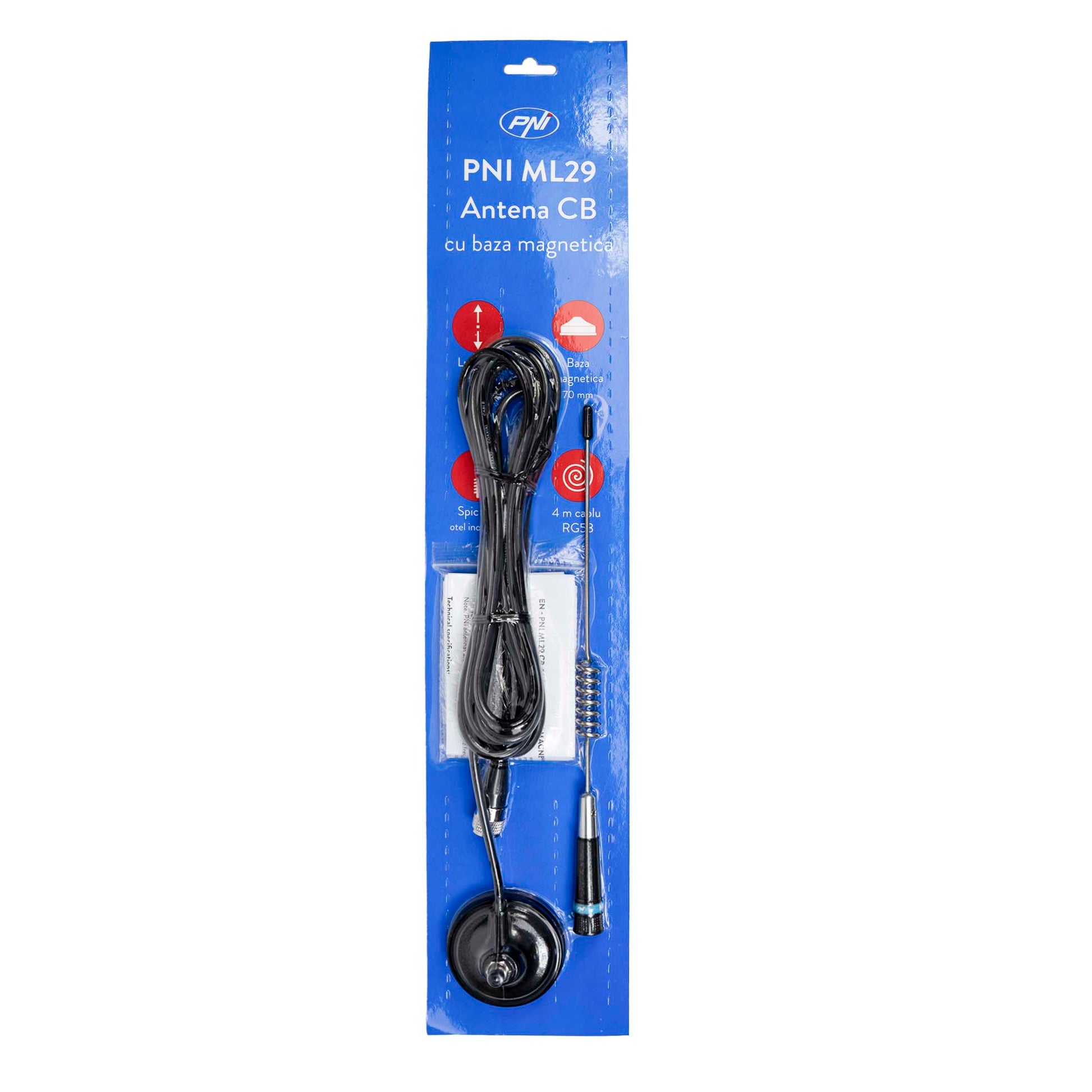 Bax 20 bucati antene CB PNI ML29, lungime 34 cm, cu magnet inclus diametru 70 mm si cablu RG58