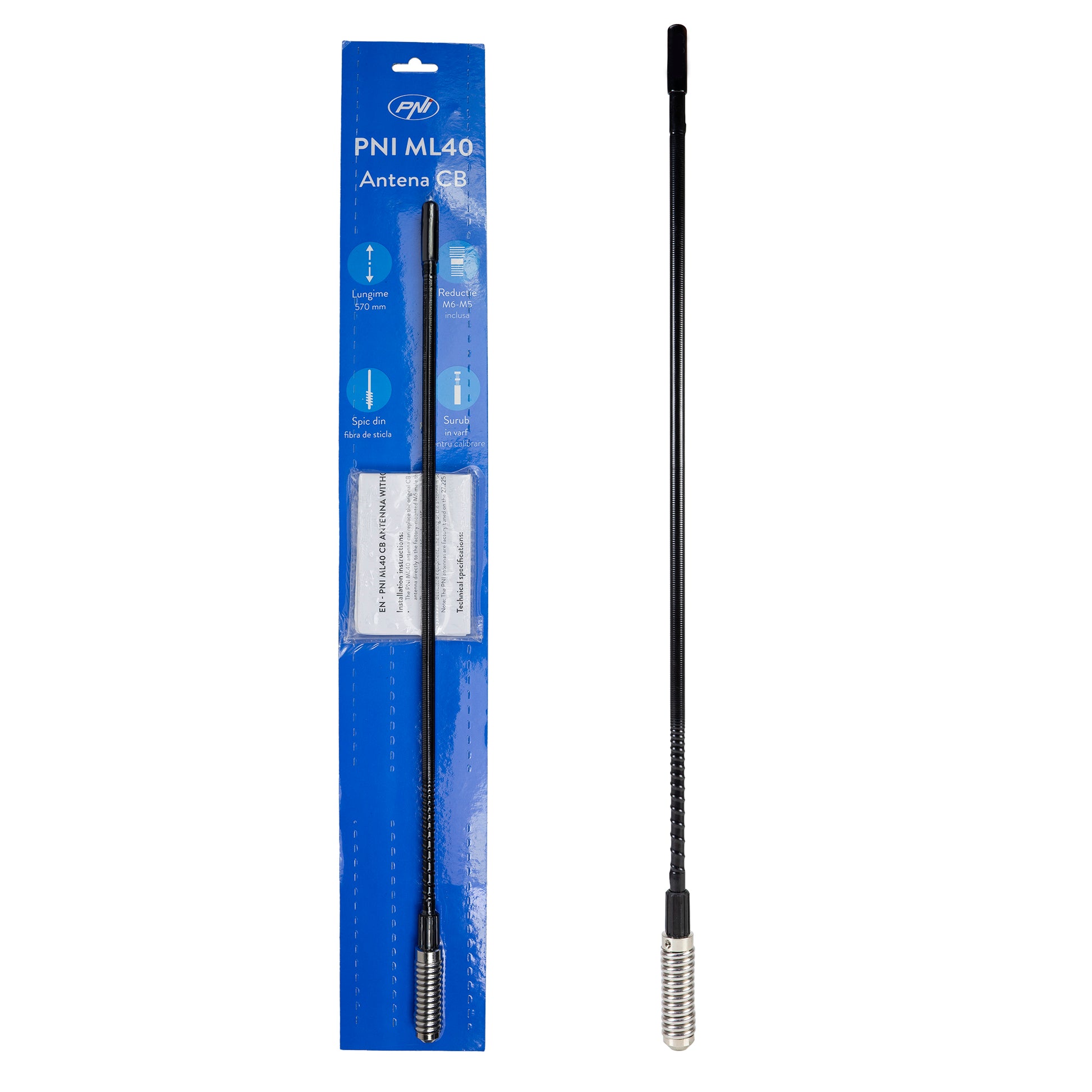 Bax 50 bucati antene CB PNI ML40, lungime 57 cm, cu adaptor filetat tata-tata M6 la M5 inclus