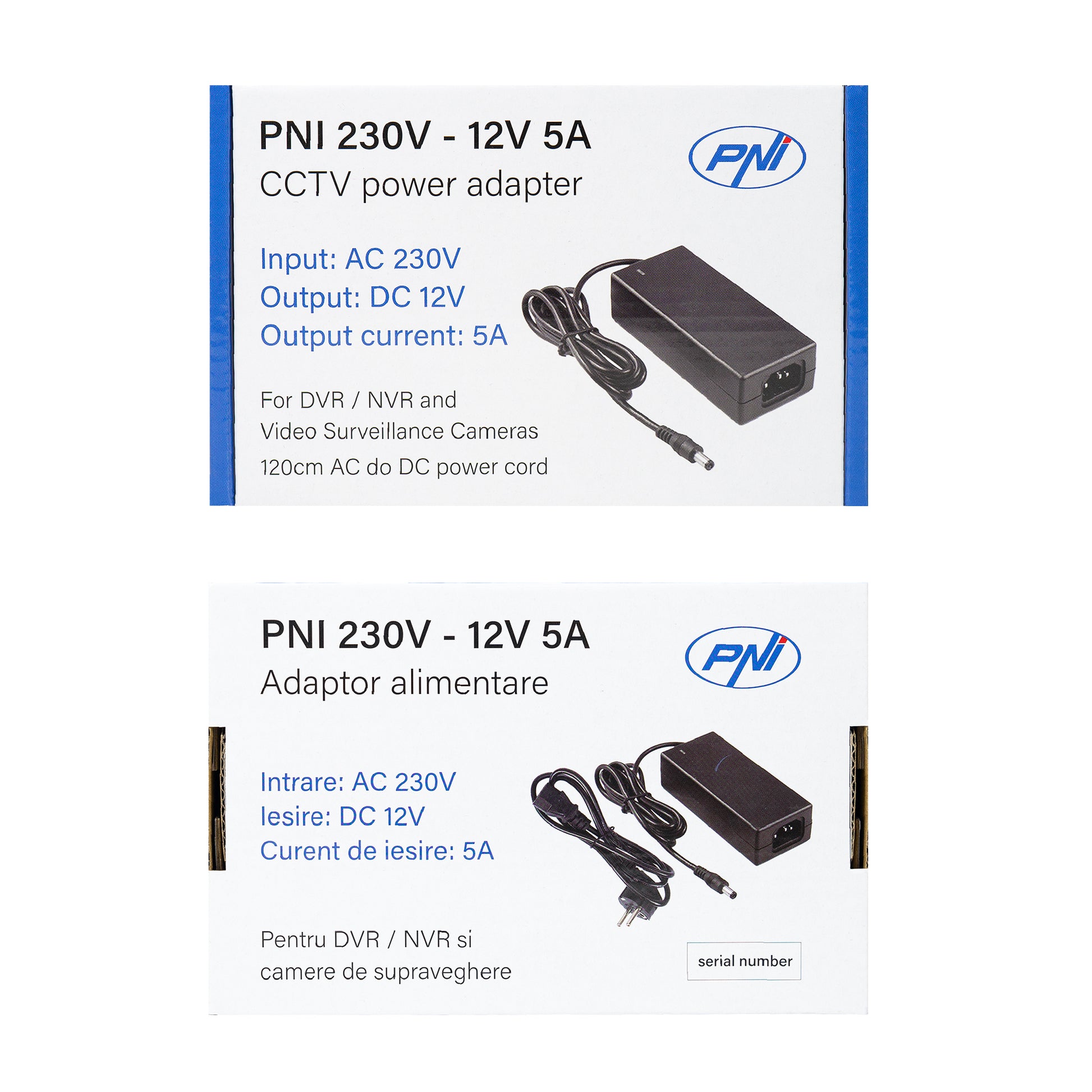 Alimentator PNI CCTV 230V, intrare 230V, iesire 12V, 5A, 2 metri, negru