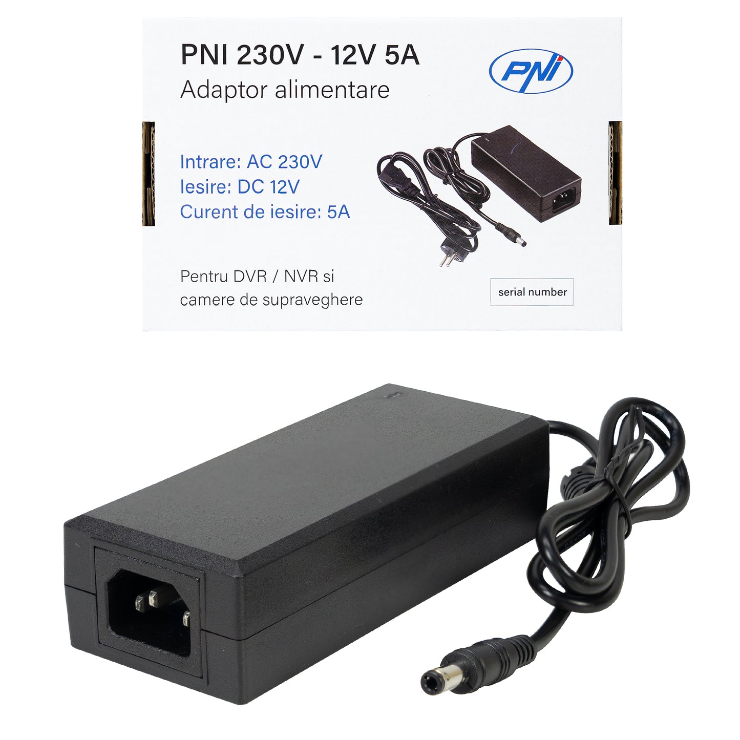 Alimentator PNI CCTV 230V, intrare 230V, iesire 12V, 5A, 2 metri, negru