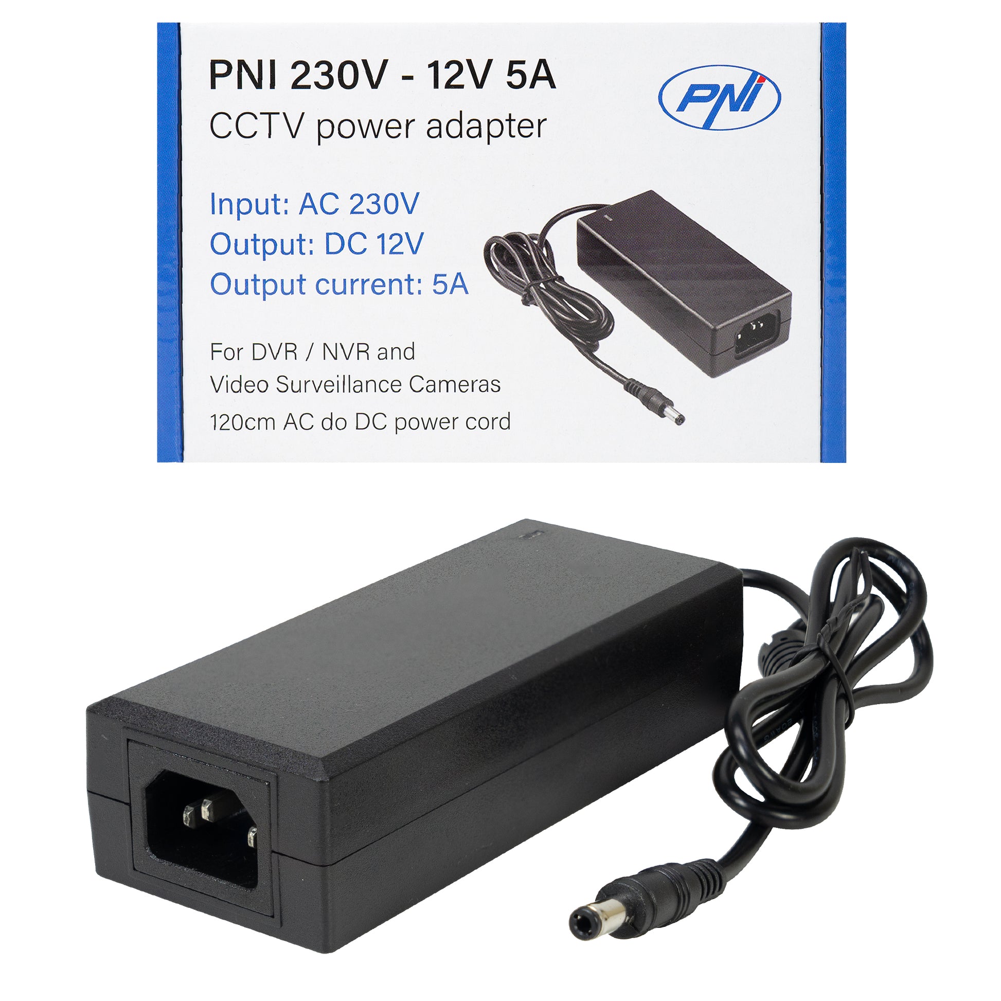 Alimentator PNI CCTV 230V, intrare 230V, iesire 12V, 5A, 2 metri, negru