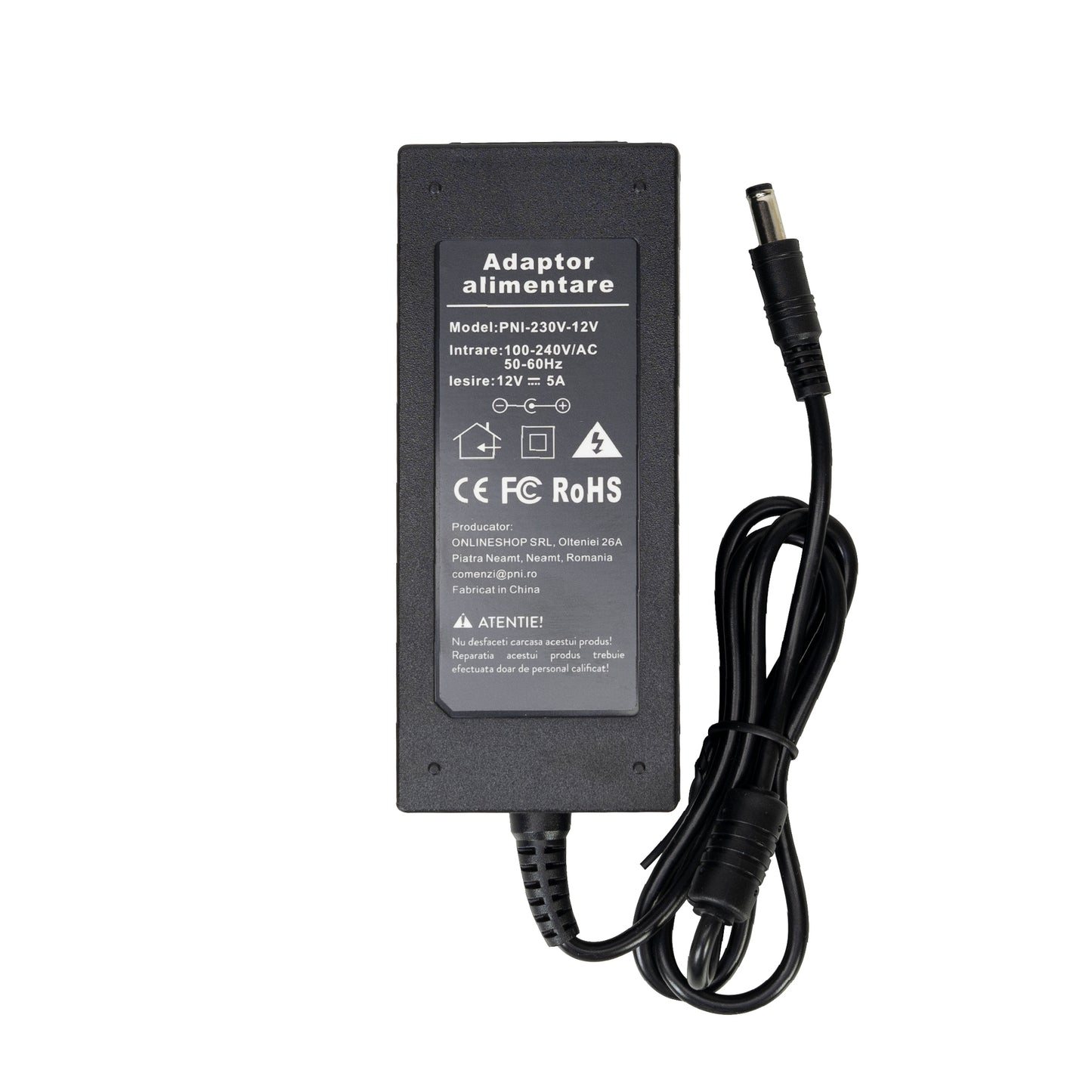 Alimentator PNI CCTV 230V, intrare 230V, iesire 12V, 5A, 2 metri, negru