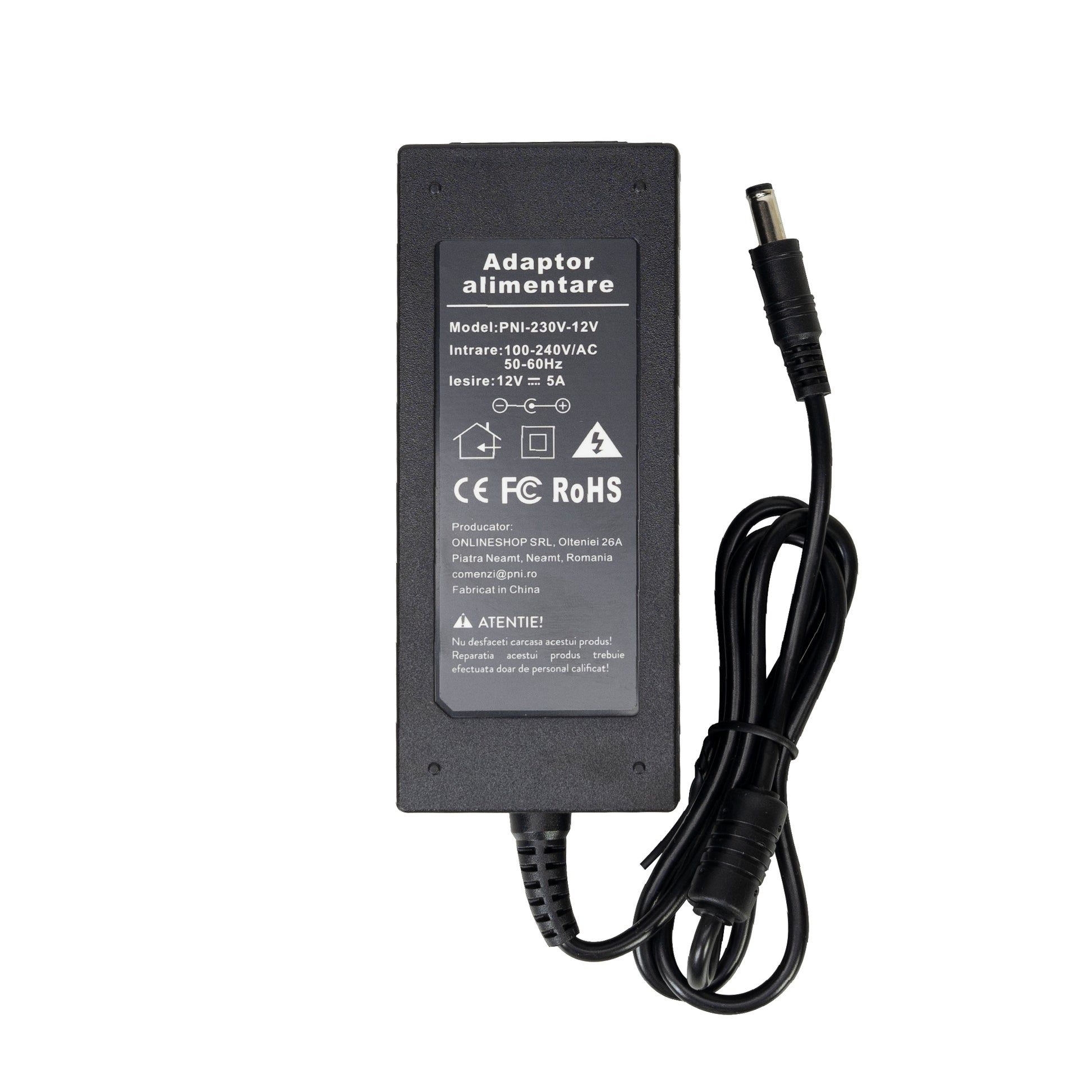 Alimentator PNI CCTV 230V, intrare 230V, iesire 12V, 5A, 2 metri, negru