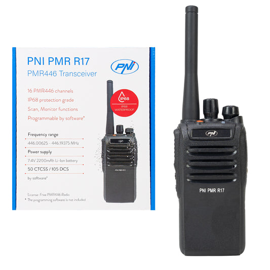Statie radio portabila PNI PMR R17 446MHz, 0.5W, 16 canale PMR si tonuri 50 CTCSS si 104 DCS, programabila, Li-Ion 2200 mAh, IP68