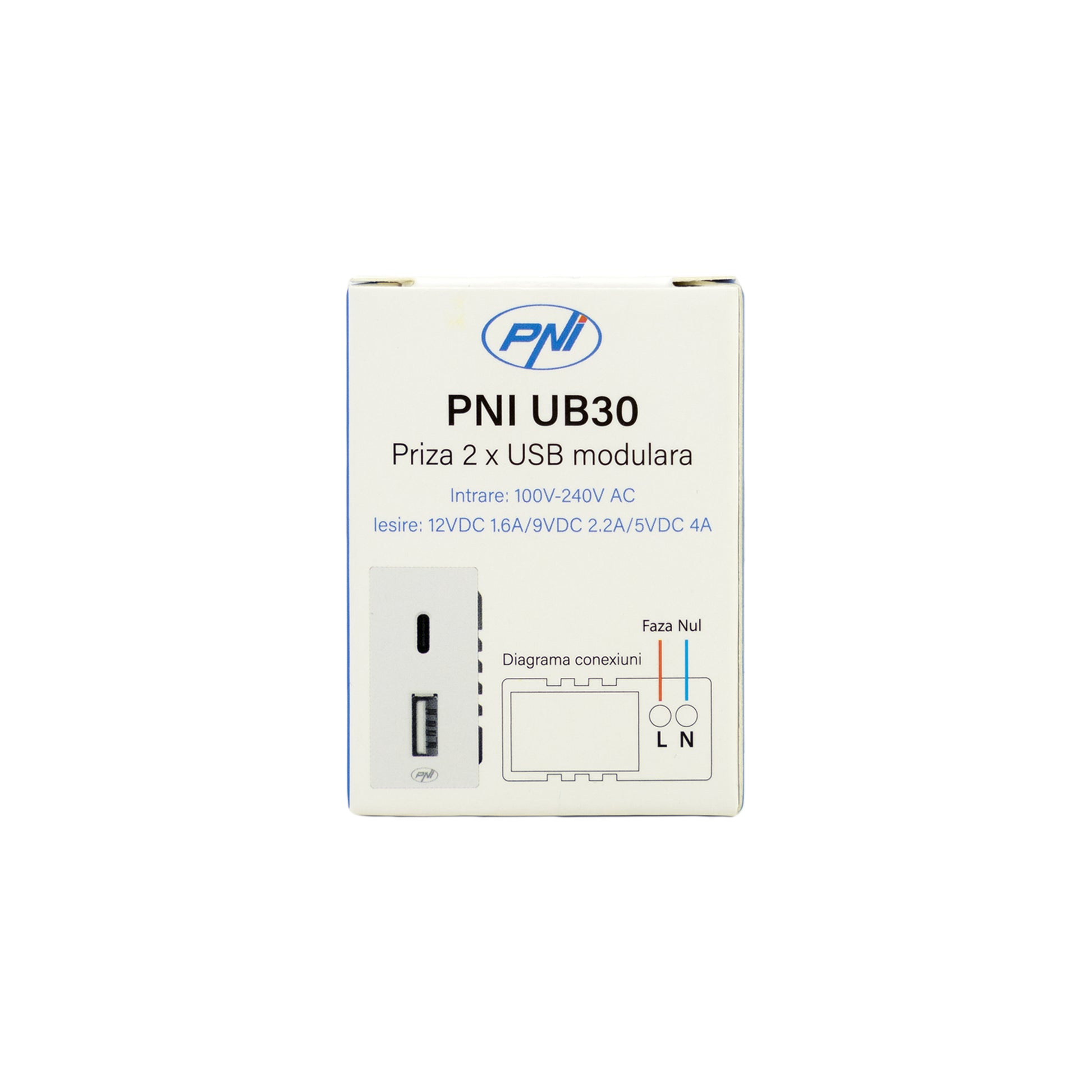 Priza alimentare 2 x USB PNI UB30, USB-A USB-C, 12V/9V/5V, max. 20W, modulara, tip F 1/2, montaj incastrat