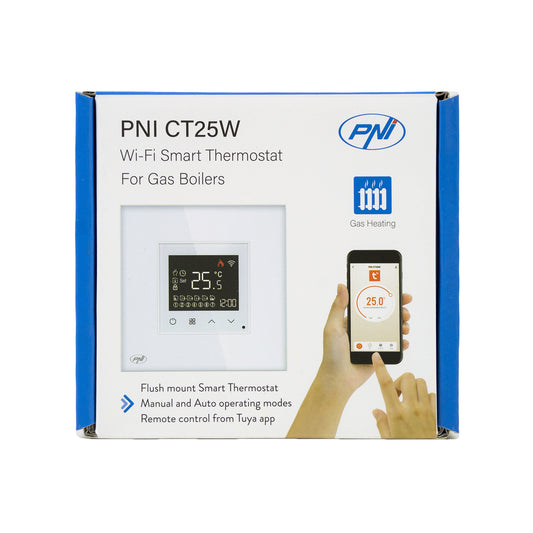 Termostat inteligent PNI CT25W WiFi pentru centrala termica pe gaz, montaj incastrat, 16A, control din aplicatia Tuya Smart, programare zilnica, mod manual/automat, culoare alb