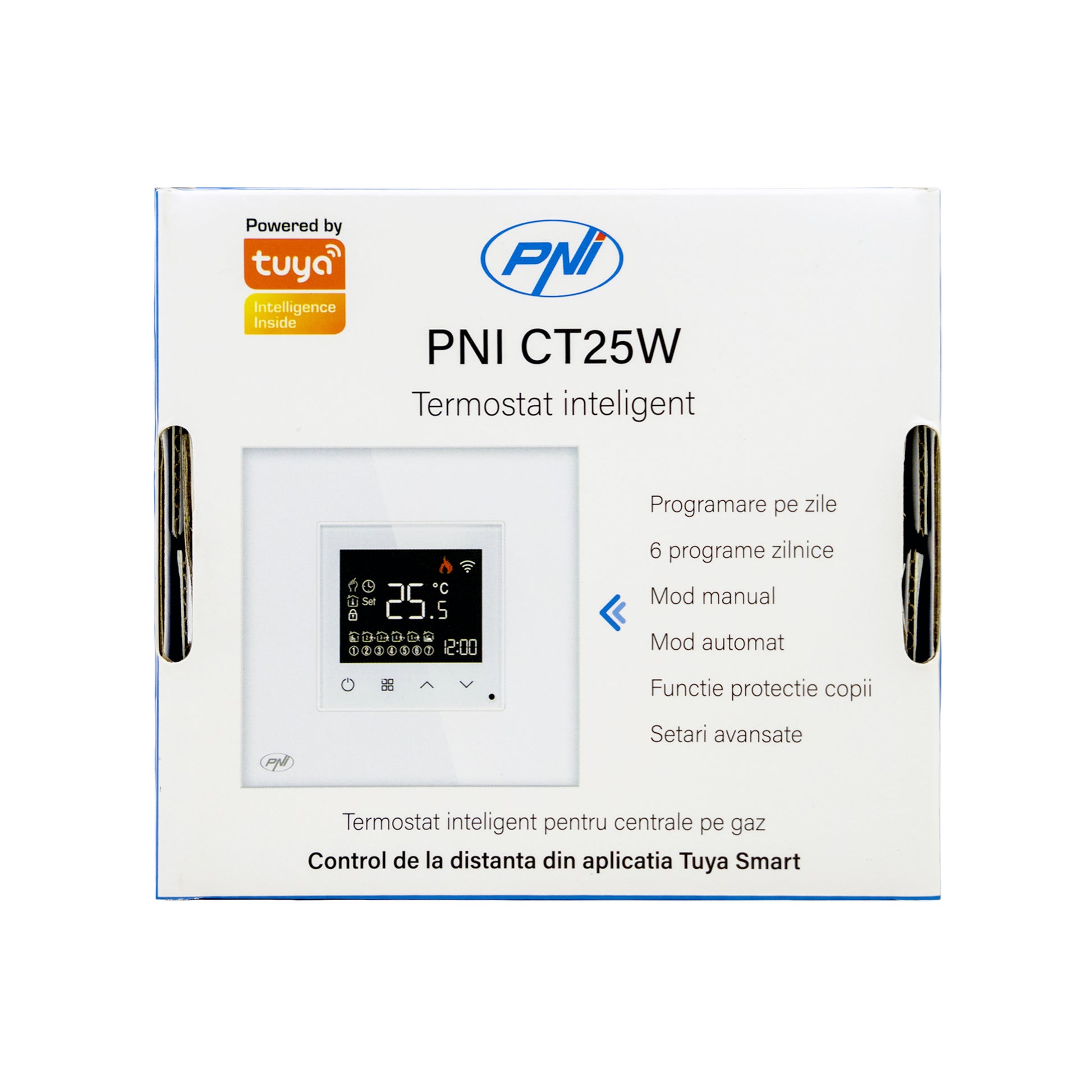 Termostat inteligent PNI CT25W WiFi pentru centrala termica pe gaz, montaj incastrat, 16A, control din aplicatia Tuya Smart, programare zilnica, mod manual/automat, culoare alb