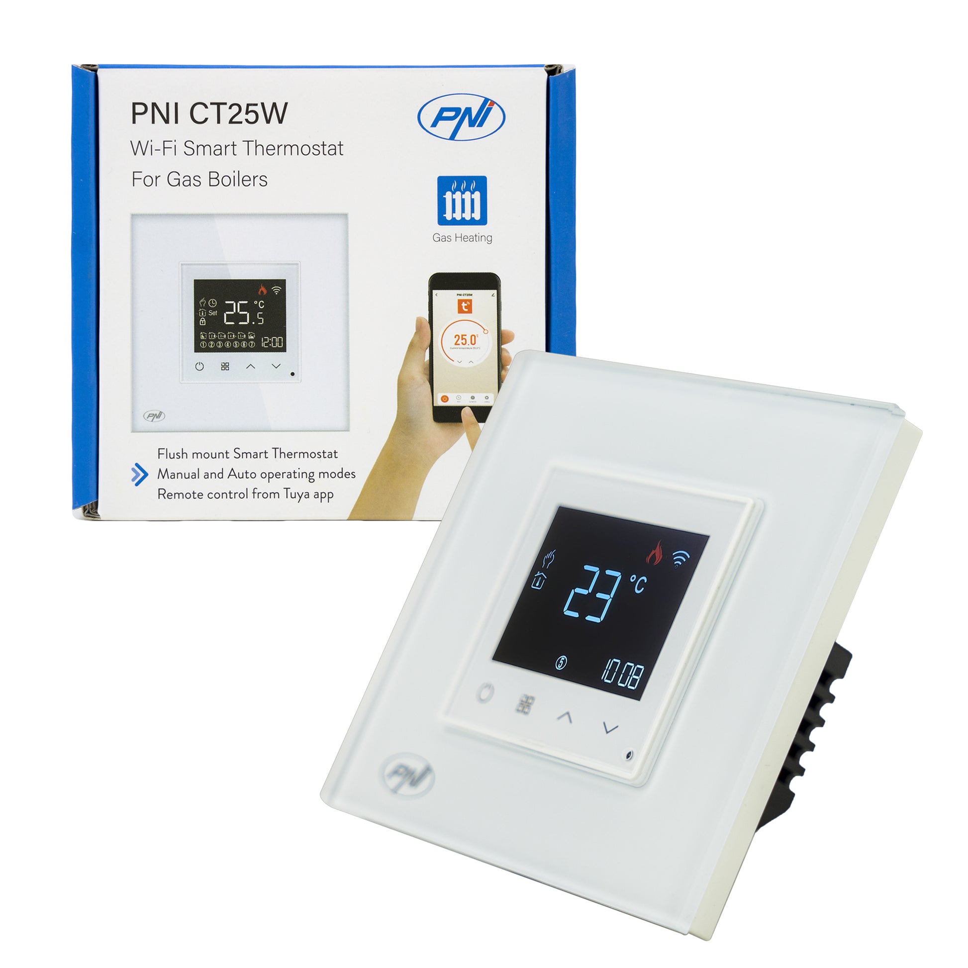 Termostat inteligent PNI CT25W WiFi pentru centrala termica pe gaz, montaj incastrat, 16A, control din aplicatia Tuya Smart, programare zilnica, mod manual/automat, culoare alb
